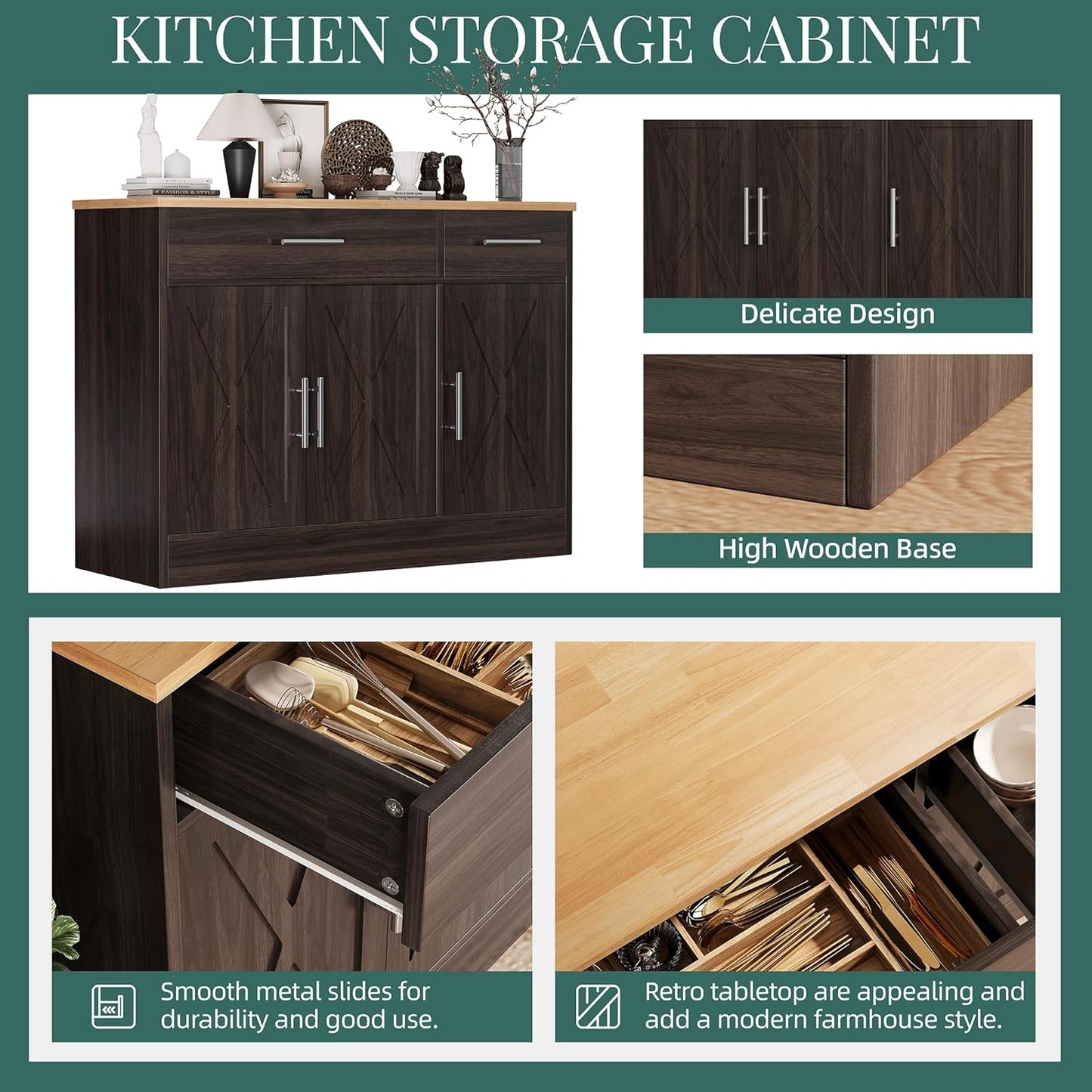 Shintenchi Modern Farmhouse Sideboard Buffet Cabinet,Barn Doors Buffet Cabinet with 2 Drawers & 3 Doors,Wood Coffee Bar Cabinet with Adjustable Shelf for Kitchen Living Room,Brown