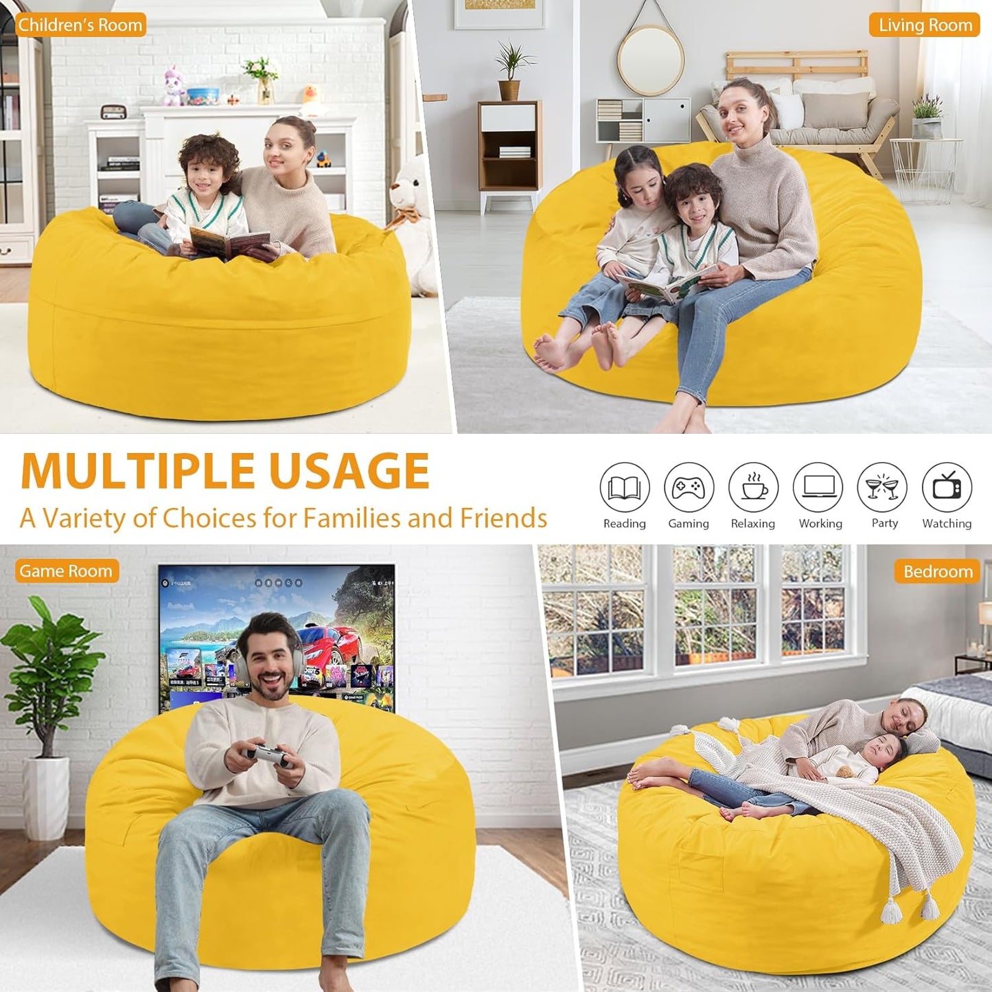 3FT Bean Bag Chair, Comfy Bean Bag Chairs with Memory Foam Filled, Fluffy Beanbag Sofa with Dutch Velvet Cover, Round BeanBag Chairs for Living Room, Playroom - Lemon