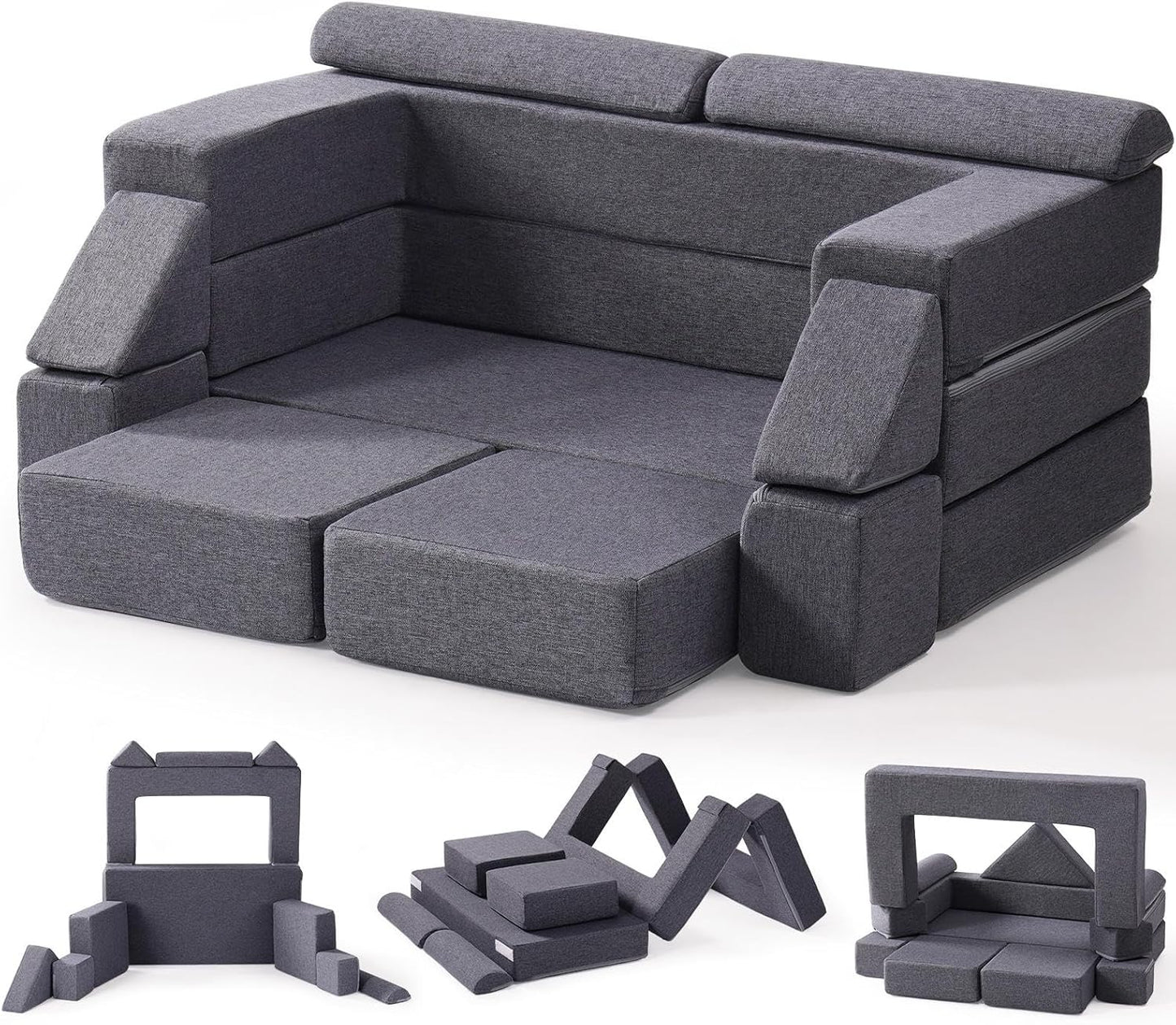 ROBUD Kids Couch, Gray Modular Kids Play Couch, DIY-Style & Washable Toddler Sofa for Playroom, Bedroom, Nursery, WG412