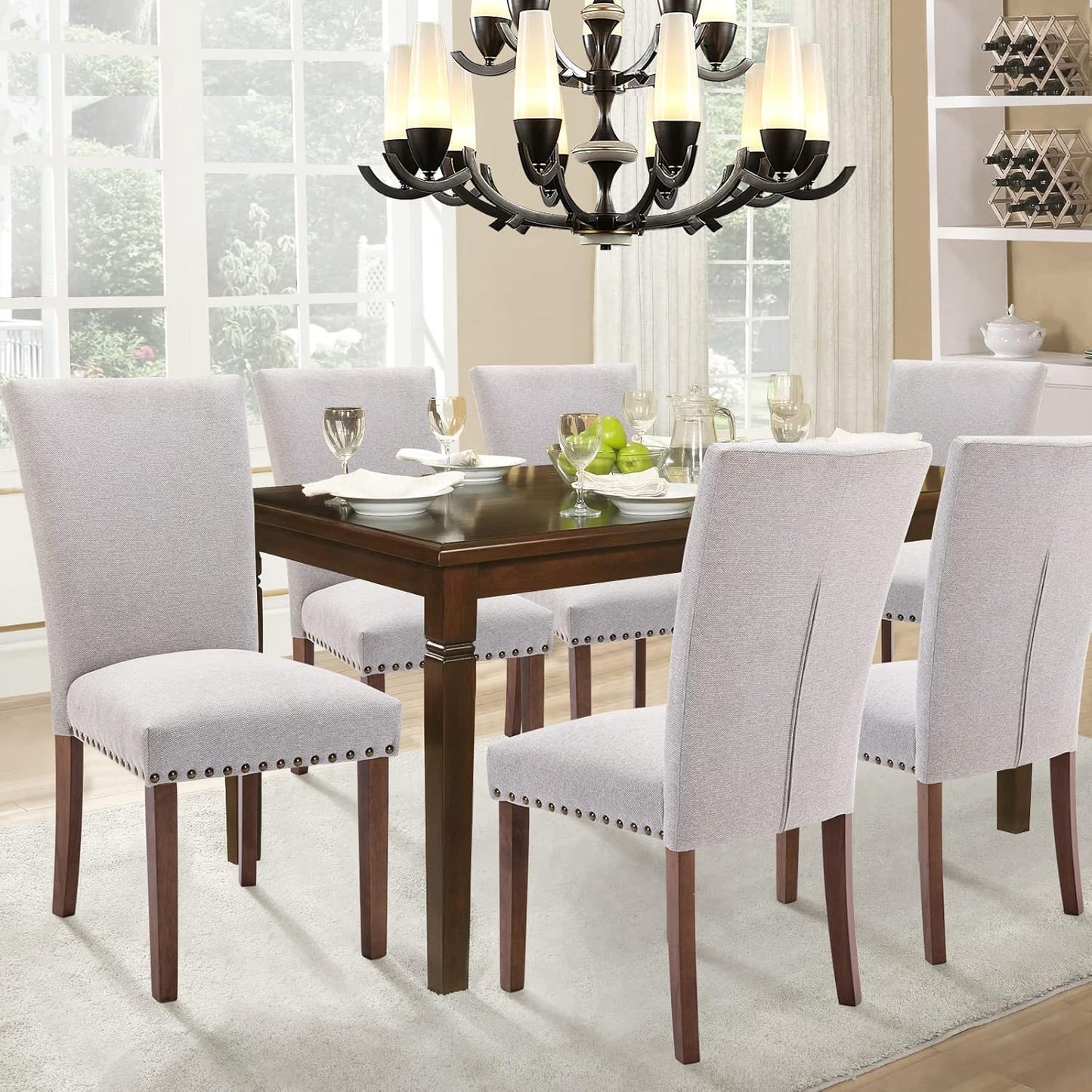 Parsons Dining Chairs Set of 4, Upholstered Nailhead Dining Room Kitchen Side Chair with Thick Cushions and Wood Legs, Light Grey