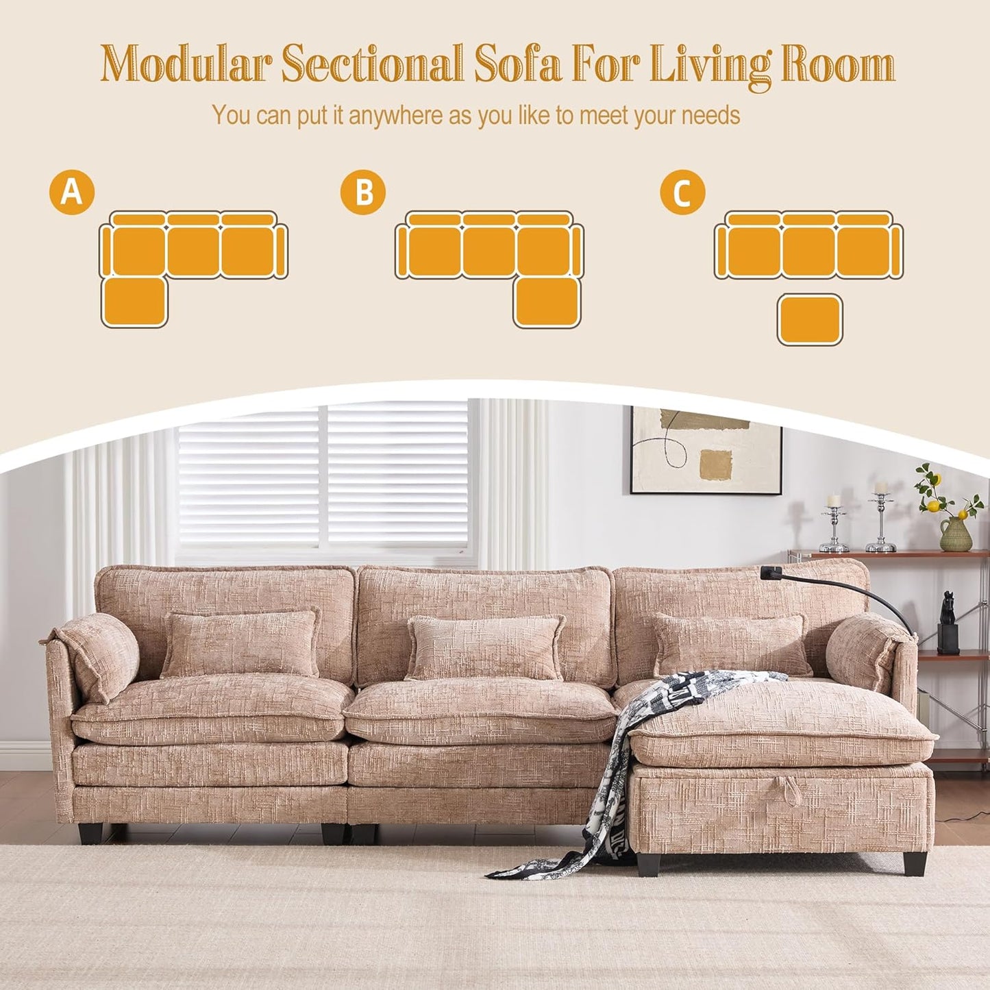 Ball & Cast Modular Sectional Sofa,L Shaped Couch with Movable Storage Ottoman,Chenille Upholstered Sofa W/USB Charging Port,Phone Holder and Side Pocket,for Living Room,Apartment,Khaki,109"