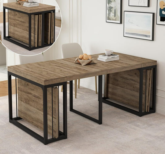 KEIKI 23.62" - 118" L Extendable Foldable Dining Room Table for 2-10 People, Wood Modern Rustic Rectangle Expandable Kitchen Living Meeting Room Furniture, 5 Tabletop Length Options