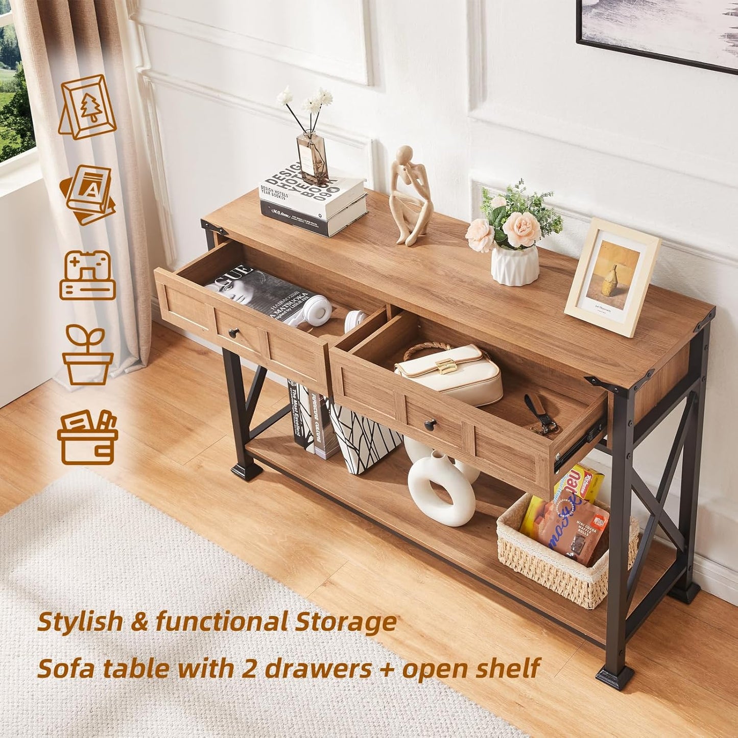 HOMBAZAAR Entryway Table,Rustic Console Table with 2 Drawers, Industrial Console Tables with Storage for Entryway, Hallway, Living Room,Brown,47 Inch