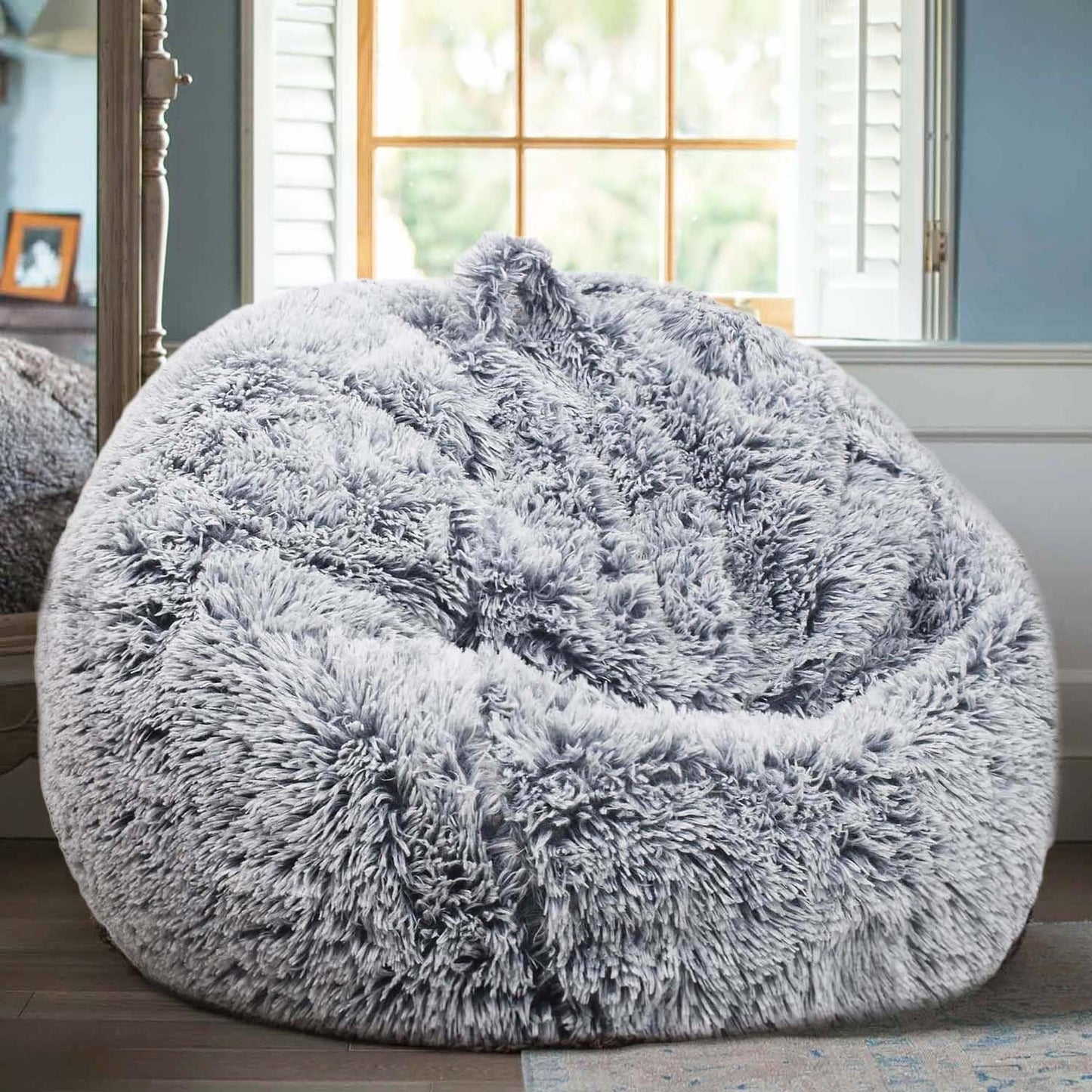 Fluffy Bean Bag Chair for Kids, 2.5FT Round Memory Foam Filled Bean Bag for Teens & Kids, Ultra Soft Faux Fur Fabric Bean Bag Chairs for Playroom, Living Room, Bedroom, Gray