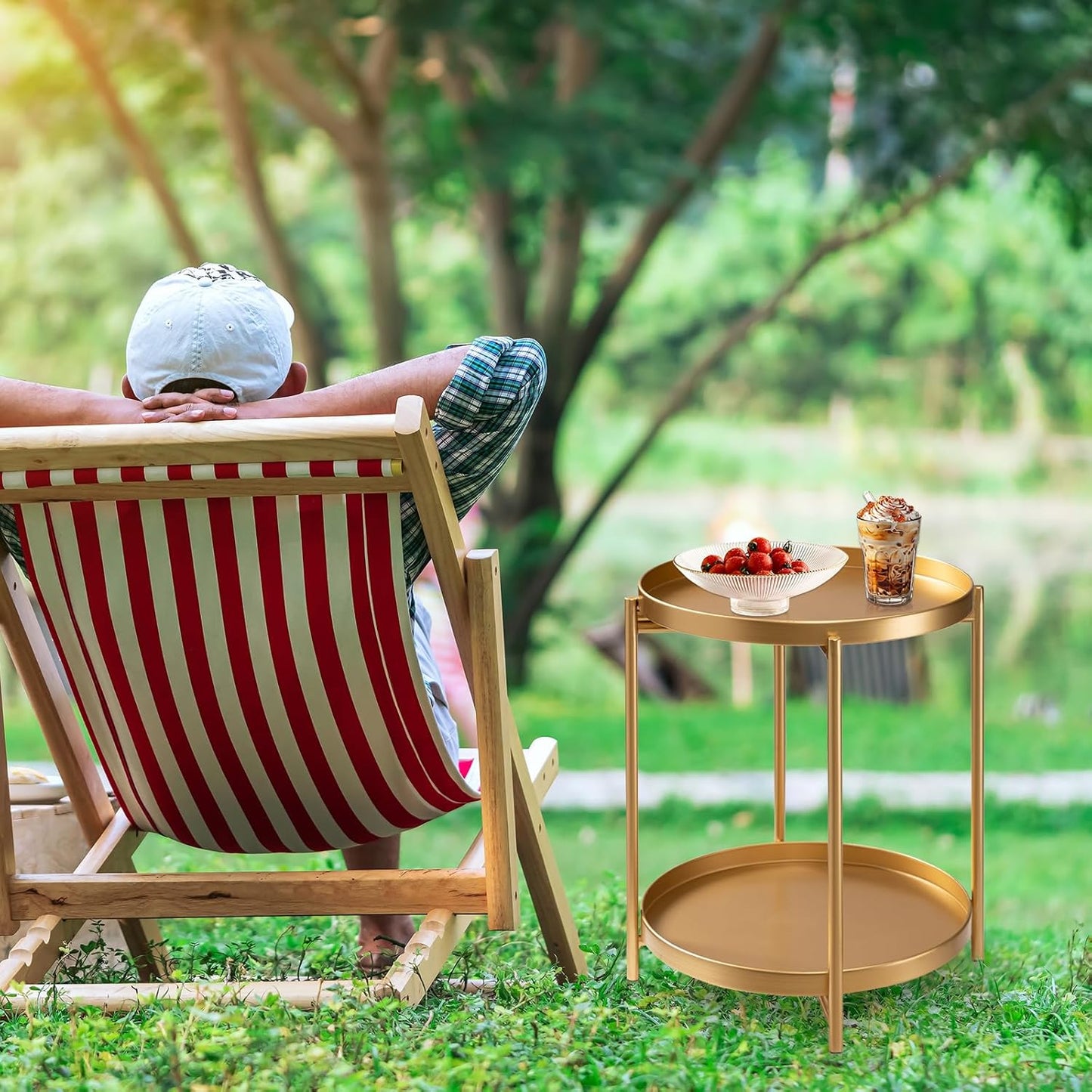 TeoKJ 2 Tier Round Side Table, Folding Metal Small Bedside Nightstand for with Two Removable Tray for Bedroom Living Room Bedside Small Spaces Gold