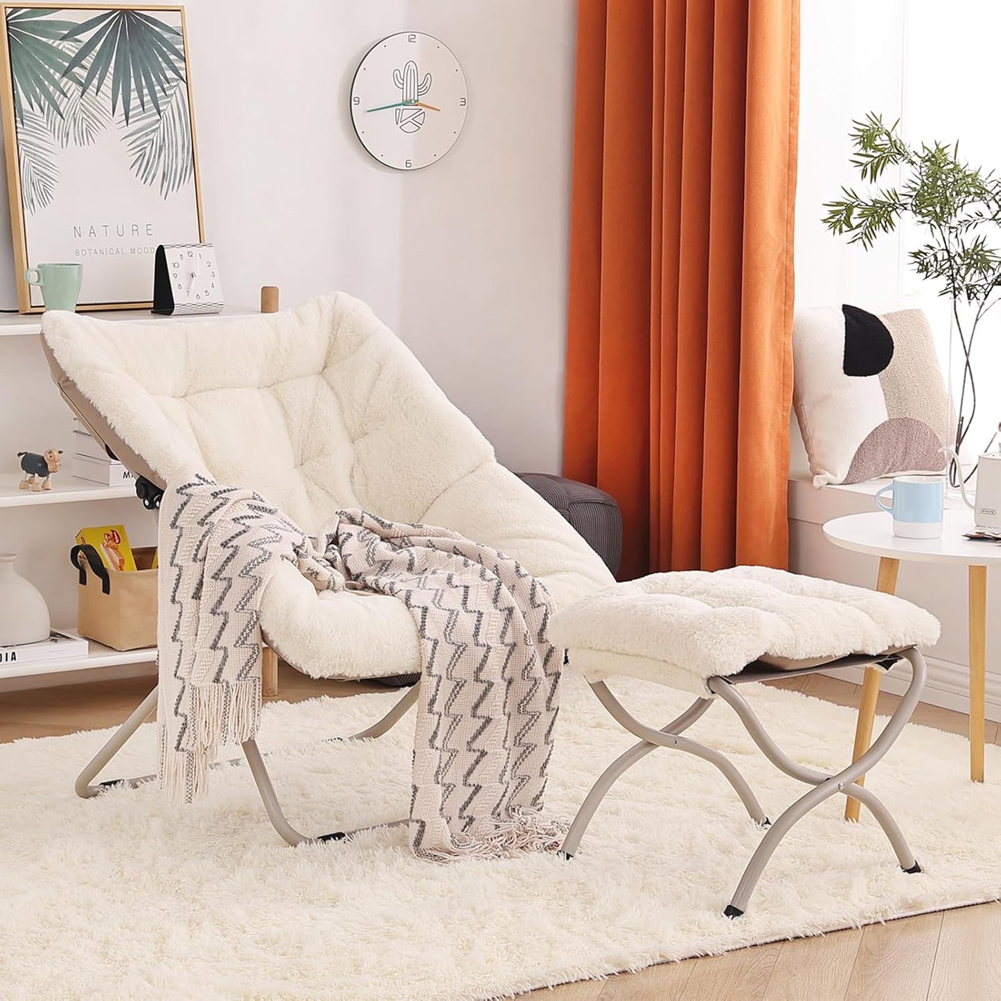 Saucer Chair with Ottoman, Oversized Dorm Chairs, X-Large Faux Fur Folding Chair, Foldable Metal Frame Chair for Bedroom, Living Room (Beige)