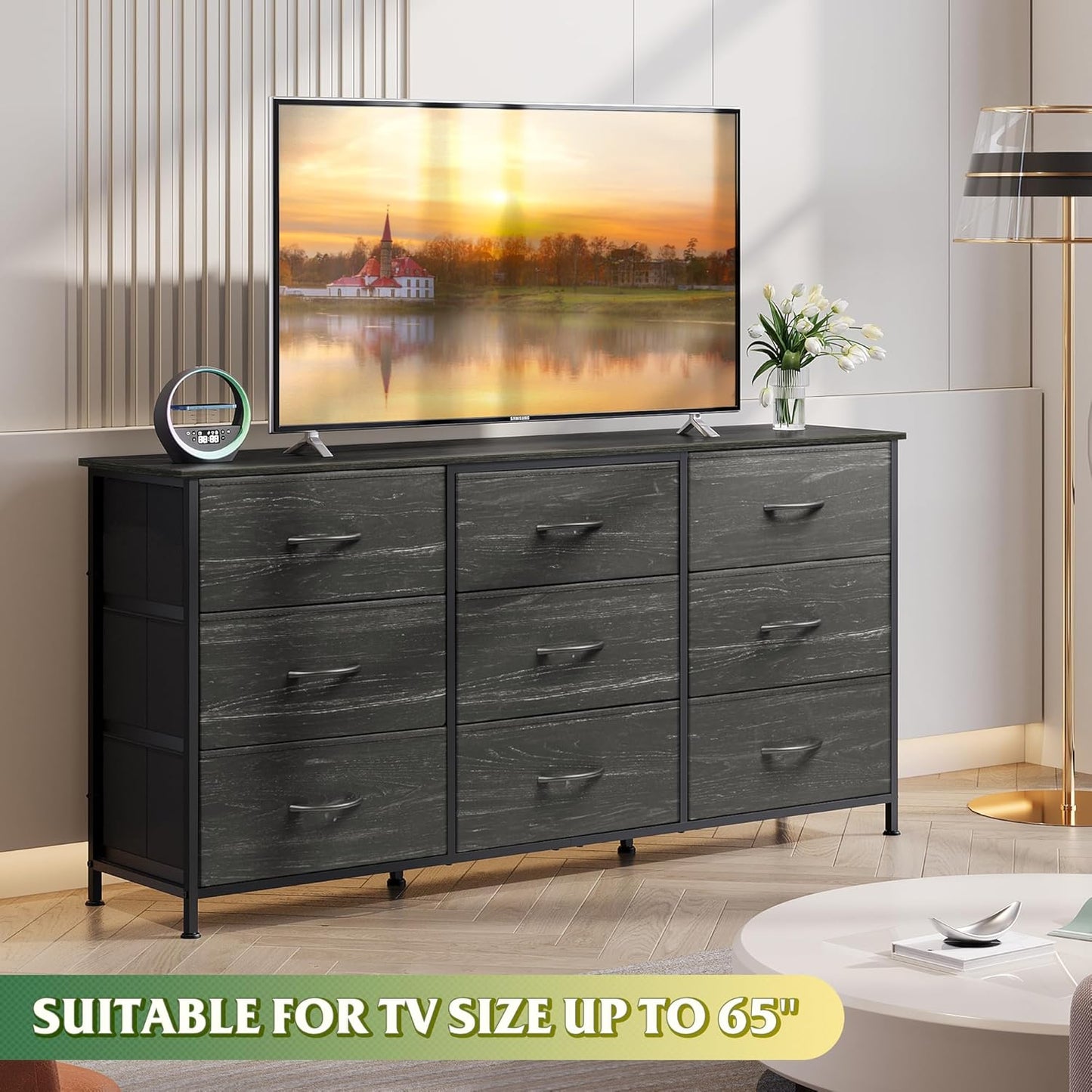 WLIVE 54''W Dresser for Bedroom, Black Dresser TV Stand for 55, 60, 65 inch TV, Wide Chest of Drawers with 9 Drawer, Large Entertainment Center, Fabric Dressers with Wood Top for Closet, Living Room