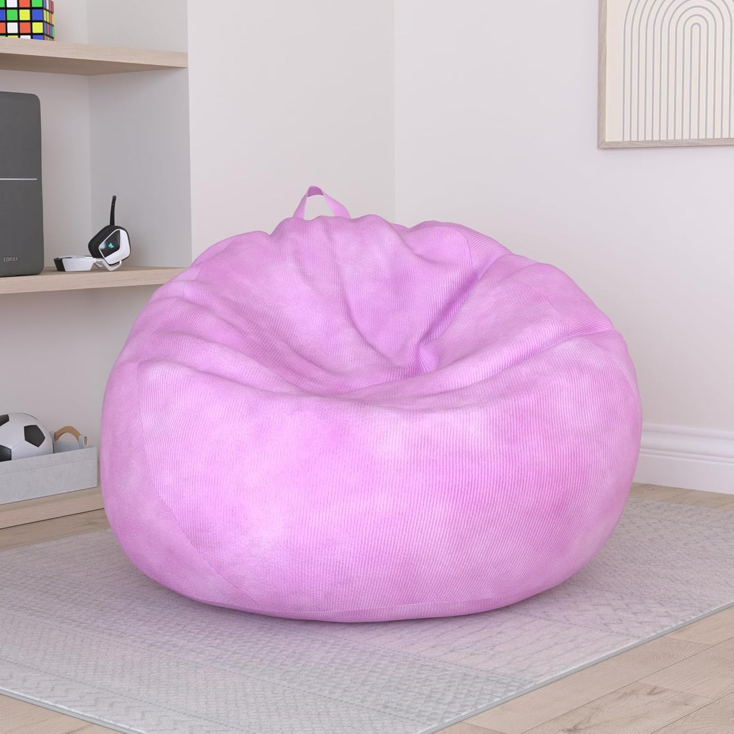 Kisoy Corduroy Bean Bag Cover (No Filler) - Washable, Ultra Soft, Pink, Solid, Round, Rolling, Storage Bag for Adults, Teens & Toys