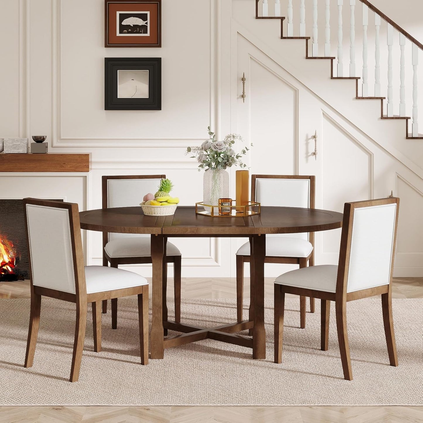 Ball & Cast Farmhouse 5 Pieces Dining Table Set with 4 Upholstered Chairs,Wooden Living Room Furniture for 4 W/ 57.7" Extendable Dining Table,Easy Assemble&Clean,for Dining Room,Bistro,Apartment,Brown