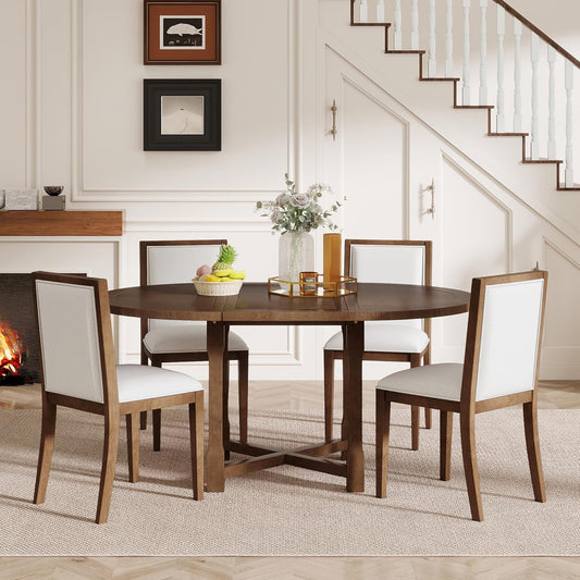 Ball & Cast Farmhouse 5 Pieces Dining Table Set with 4 Upholstered Chairs,Wooden Living Room Furniture for 4 W/ 57.7" Extendable Dining Table,Easy Assemble&Clean,for Dining Room,Bistro,Apartment,Brown