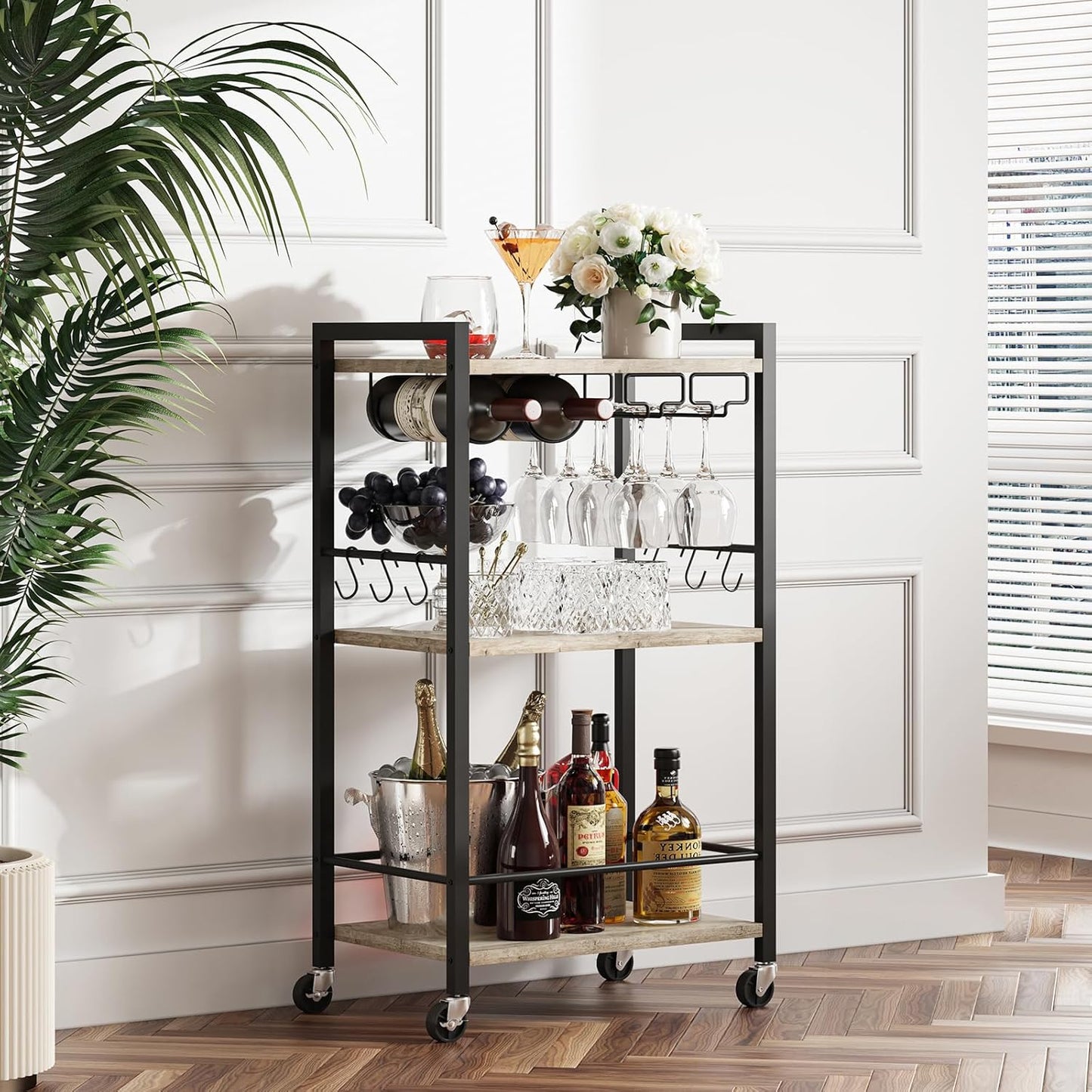 TUTOTAK Bar Cart, Home Bar Serving Cart, Small Wine Cart with 3-Tier Shelf, Beverage cart, Drink Cart with Wine Rack and Glass Holder, Rolling bar carts for The Home, Living Room, Greige BC01BG035
