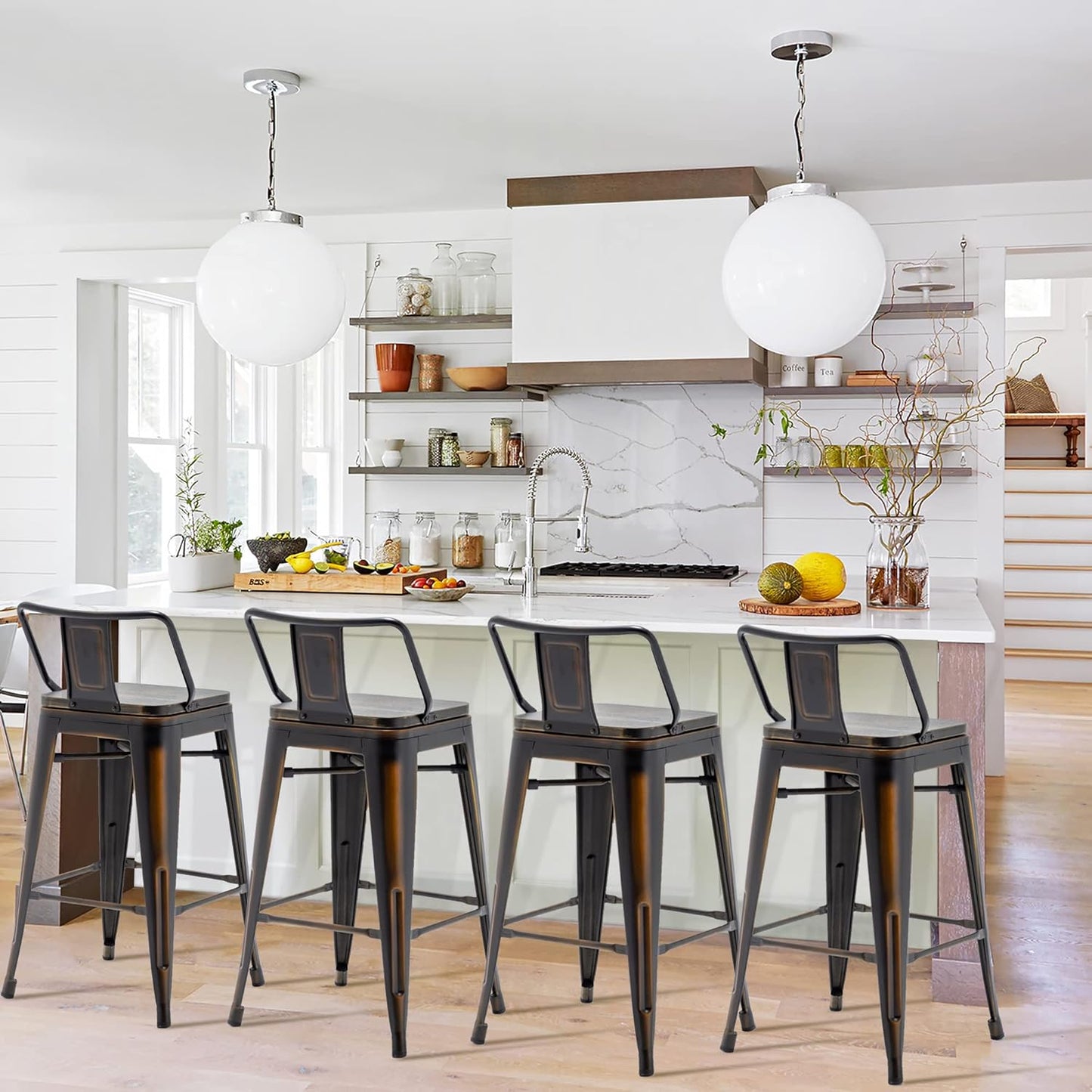 30 Inch Swivel Bar Stools Set of 4 with Backs Counter Height Industrial Metal Barstools Island Bar Chairs for Home Kitchen Dining Room (Swivel 30 inch, Distressed Gold Wooden)