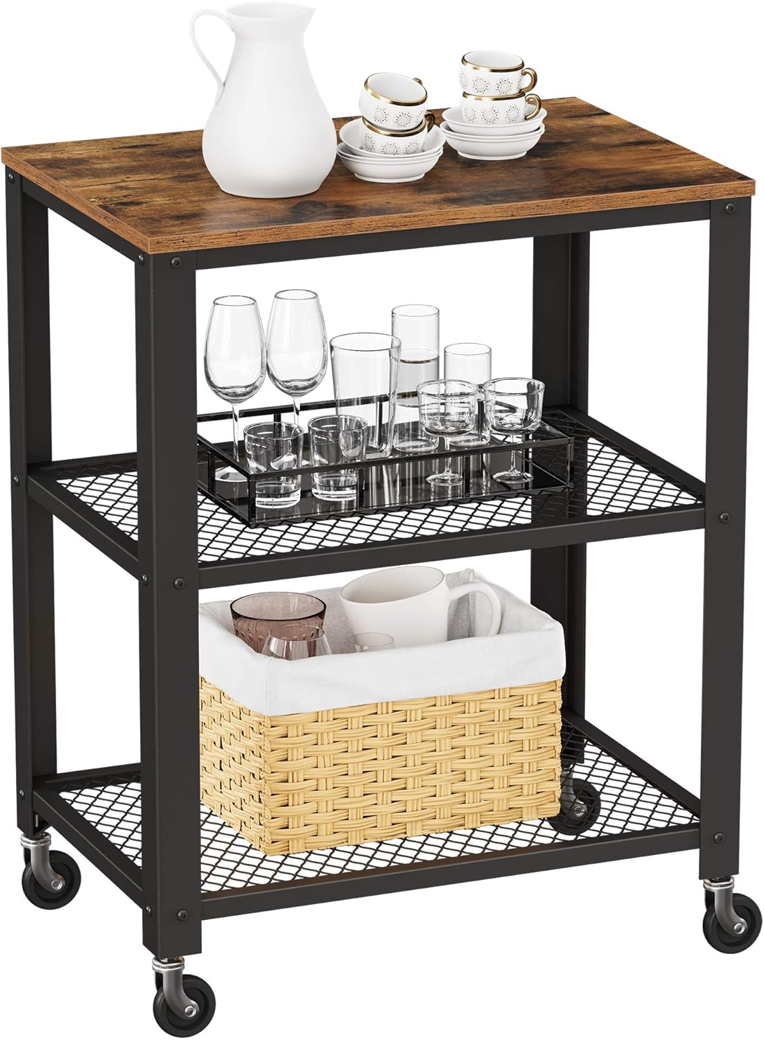 VASAGLE BRYCE Serving Cart, 3-Tier Kitchen Utility Cart on Wheels with Storage, for Living Room, Accent Furniture with Steel Frame, Industrial, Rustic Brown and Black ULRC78X