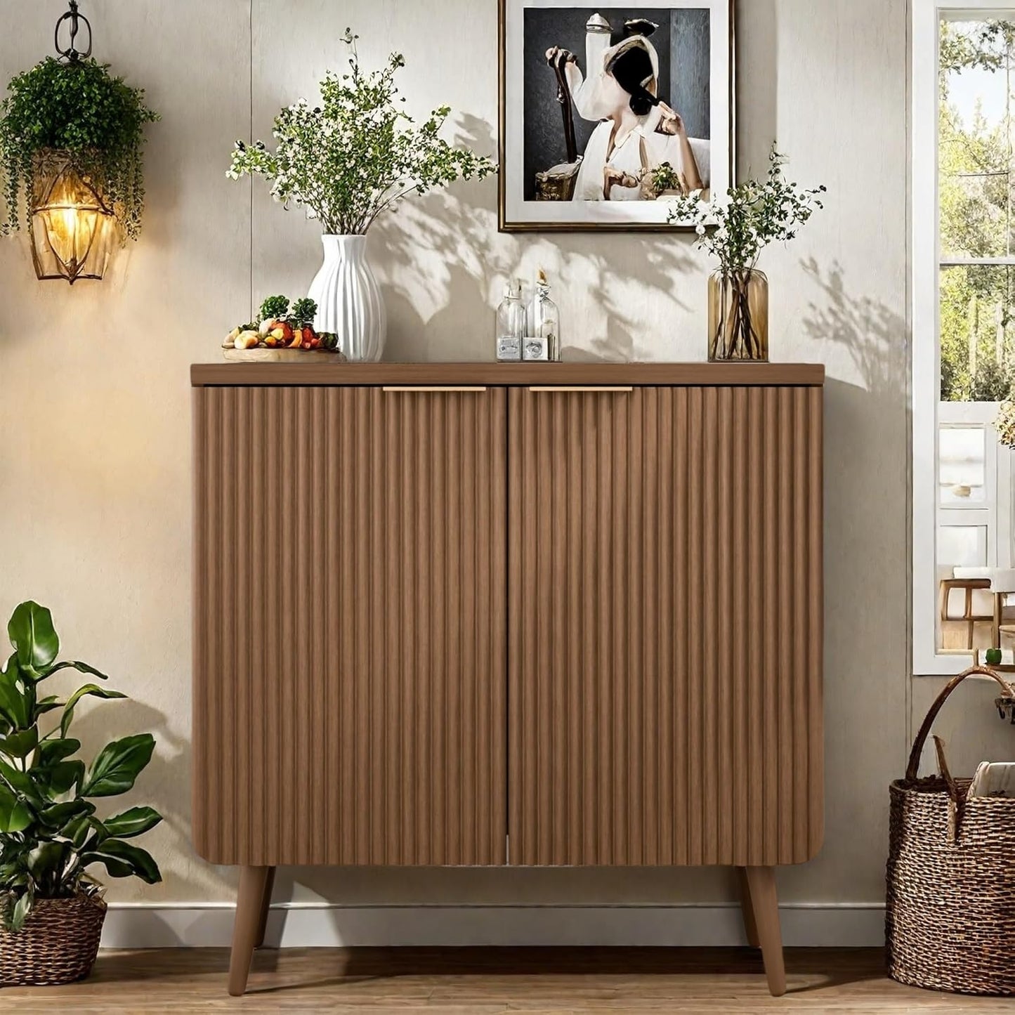 Buffet Cabinet, Sideboard Fluted Cabinet Modern Kitchen Buffet Storage Cabinets with Doors and Shelves, Wood Farmhouse Coffee Bar Station for Entryway & Dining Room & Living Room, Walnut