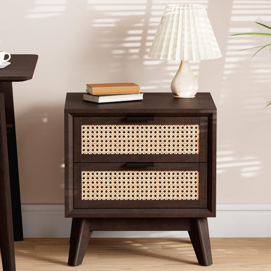 Bme Jasper Deluxe Solid Wood Rattan Nightstand Fully Assembled-Mid Century Modern Side Table with 2 Drawers-Multipurpose use for Living Room, Bedroom-Walnut