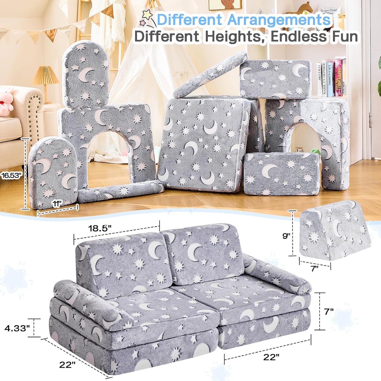 IFNOW Modular Kids Play Couch,Toddler Couch Kids Sofa,Child Sectional Sofa,Bedroom and Playroom Furniture for Toddlers,Convertible Foam and Floor Cushion for Boys and Girls,Glow in The Dark,Star