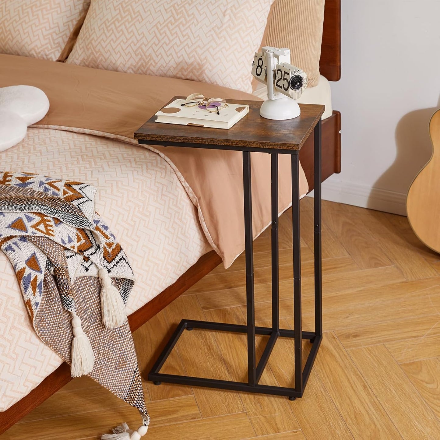 Side Table Small End Table C Shaped, Slide Under Laptop Desk for Couch, Living Room Side Table, TV Trays for Eating on Couch, Rustic Brown+Black YD-TM051HB