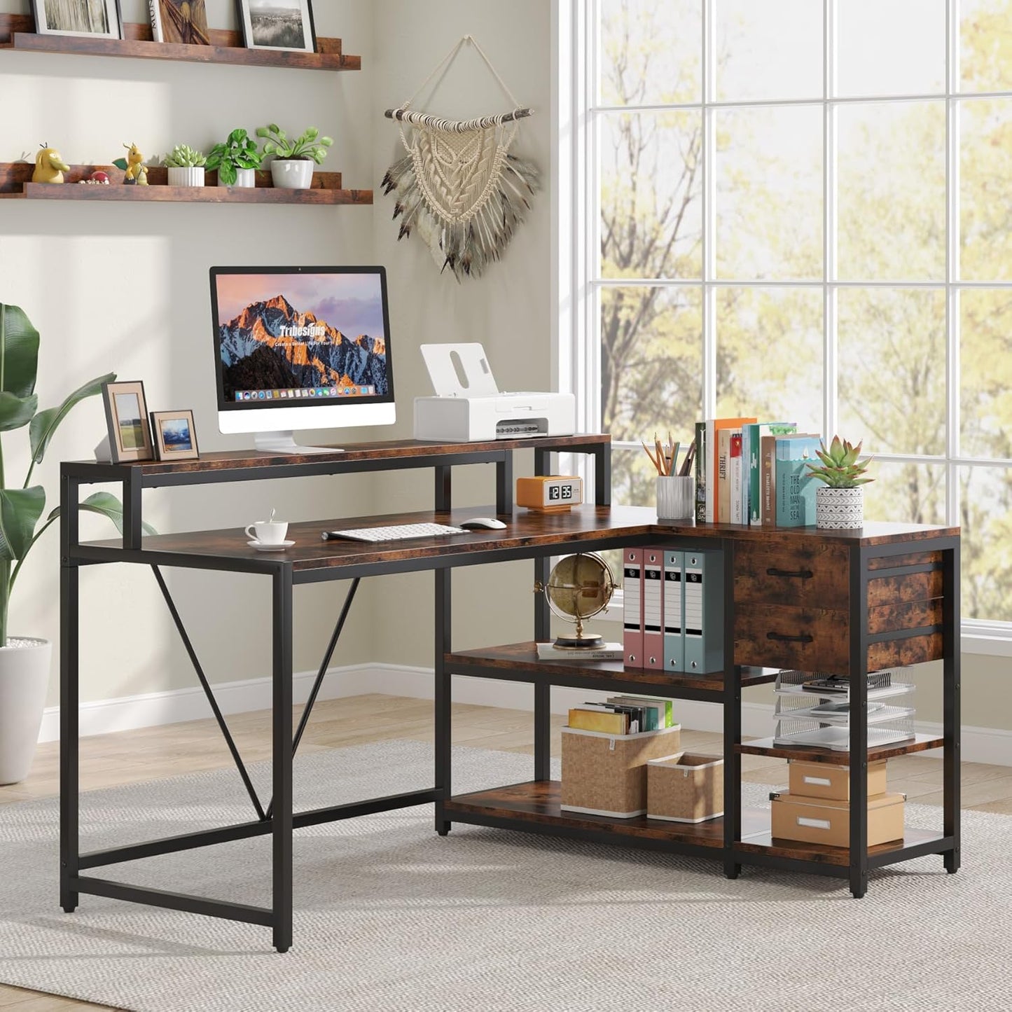 Tribesigns Reversible L Shaped Desk with Drawer, Brown Corner Desk with Storage Shelves and Monitor Stand, Writing Table for for Small Space (Rustic)