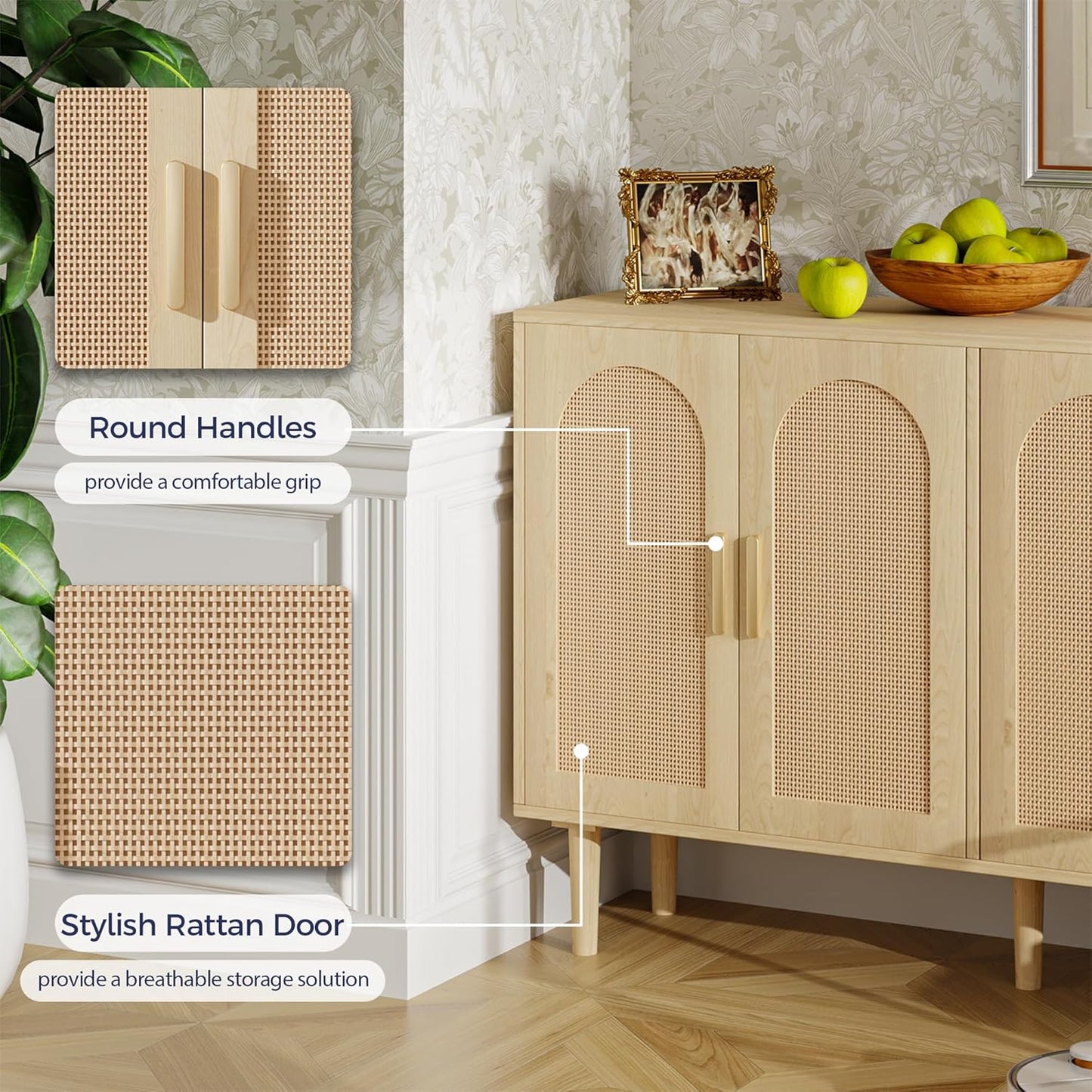 Buffet Cabinet with Storage, KitchenSideboard Cabinet with 4 Rattan Decorated Doors,Modern Accent Credenza Rattan Cabinet for Entryway,Natural