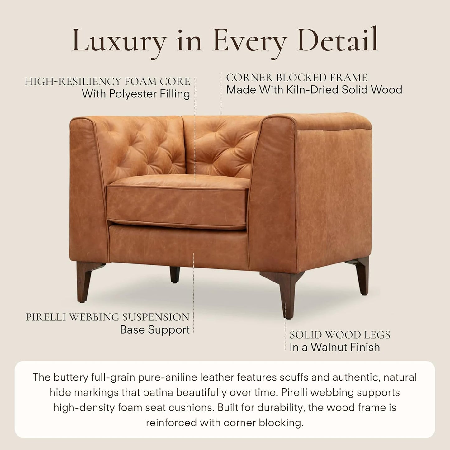 Poly & Bark Essex Lounge Chair - Leather Chair with Tufted Back - Full-Grain Living Room Armchair with Feather-Down Topper - Vintage Italian Leather in Cognac Tan - Set of 2