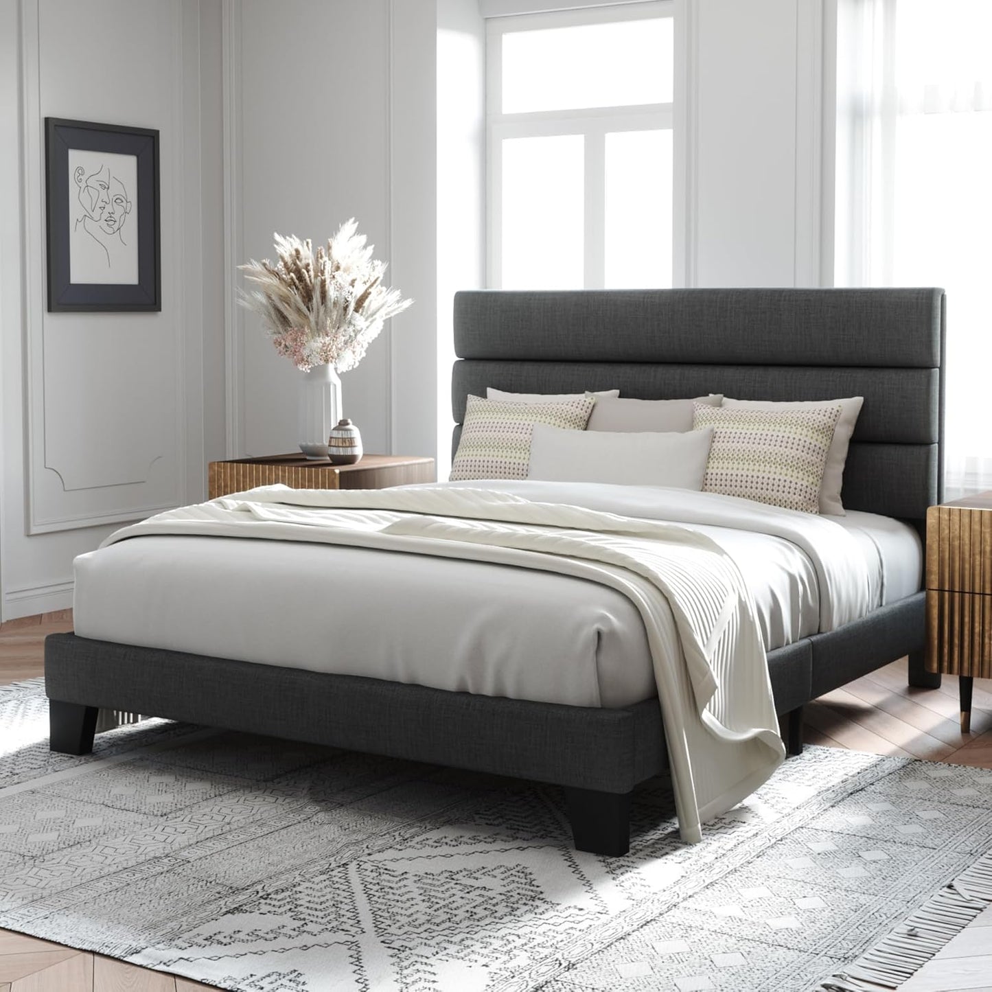 Allewie Full Size Platform Bed Frame with Fabric Upholstered Headboard and Wooden Slats Support, Fully Upholstered Mattress Foundation/No Box Spring Needed/Easy Assembly, Dark Grey
