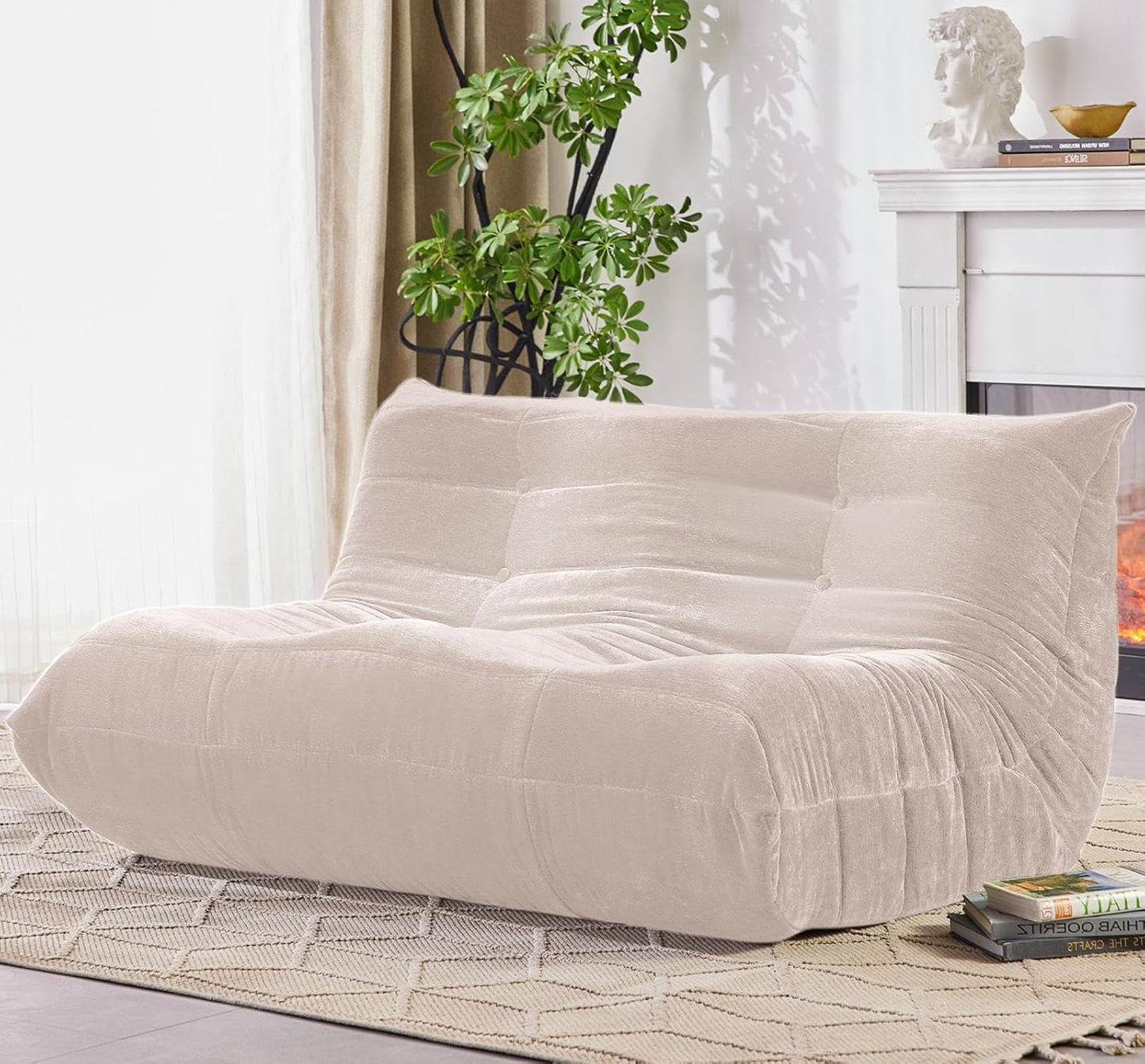 Bean Bag Chair, Loveseat Fireside Chair Large Bean Bag Sofa for Adults, Memory Foam Two Seater Couch Gaming Chairs with Comfy Design, Lazy Floor Sofa for Living Room, Bedroom, Beige