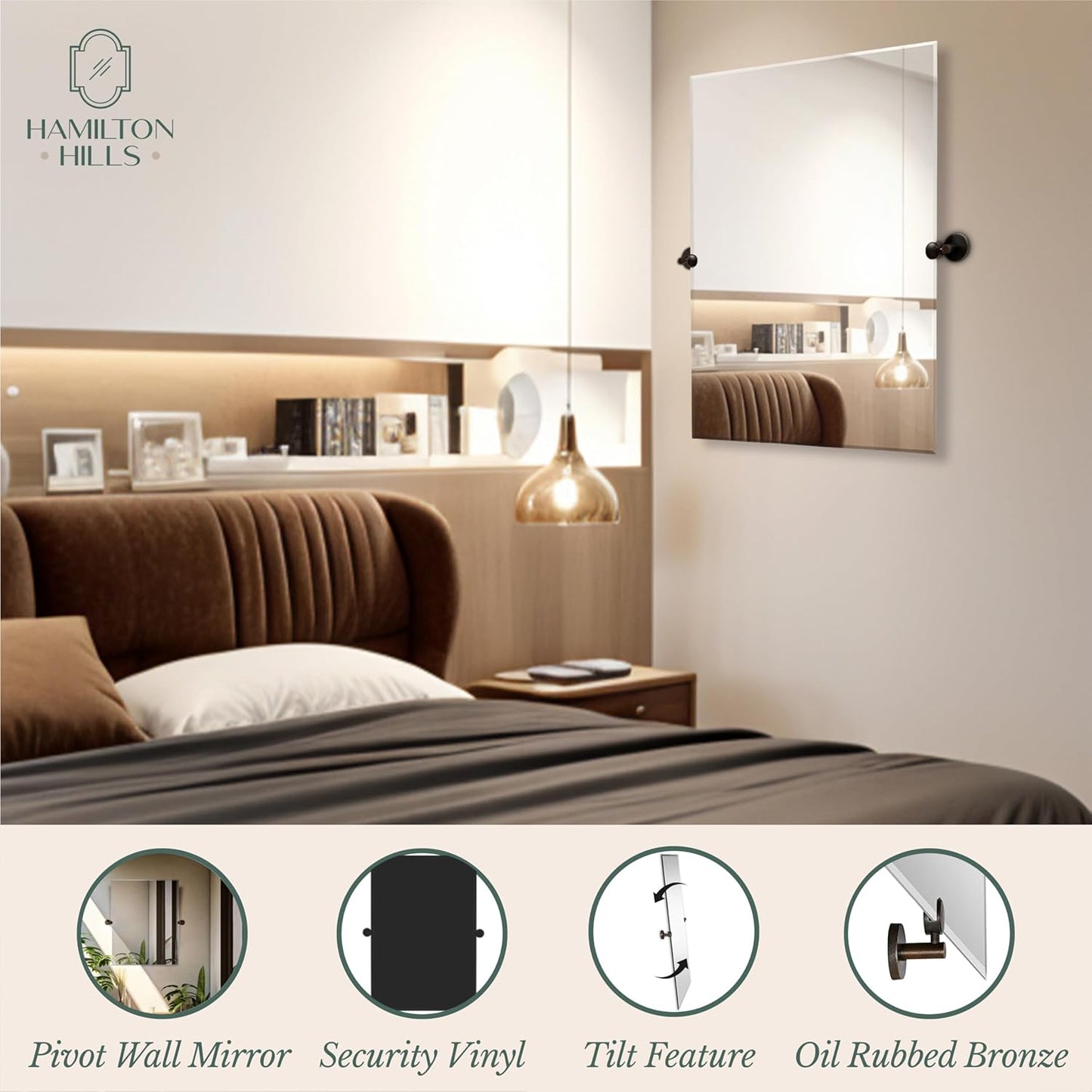 Hamilton Hills 30x40 inch Frameless Pivot Mirrors for Bathrooms with Oil Rubbed Bronze Rounded Wall Brackets - Rectangular Tilting and Farmhouse Wall-Mounted Vanity - Hangs Horizontally and Vertically