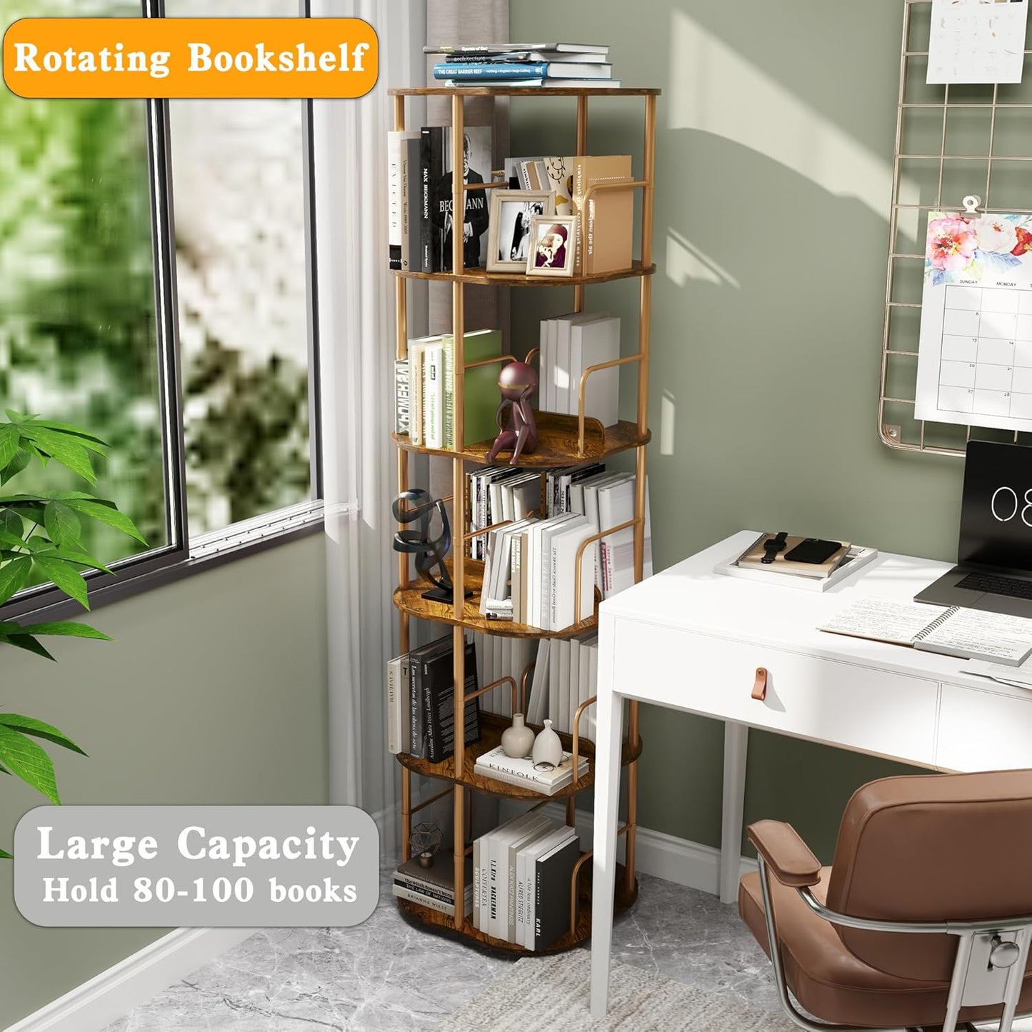 5-Tier Rotating Bookshelf, 360 ° Display Stackable Spinning Bookshelf Tower, Narrow Space Saving Tall Floor Standing Swivel Bookcase Corner Organizer for Bedroom, Living Room, Gold