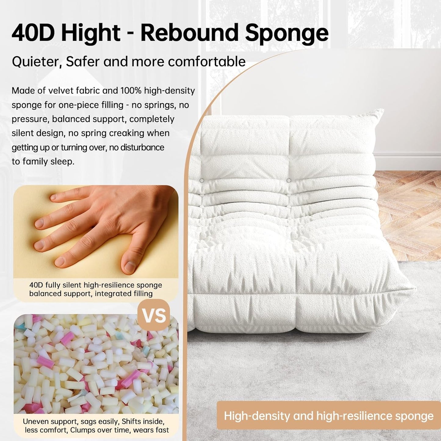 Bean Bag Chairs for Adults, BeanBag Reading Chair Memory Foam Couch, Floor Chair Soft Teddy Material, Comfy Reading Nook Chairs for Bedroom Living Room Office(White)