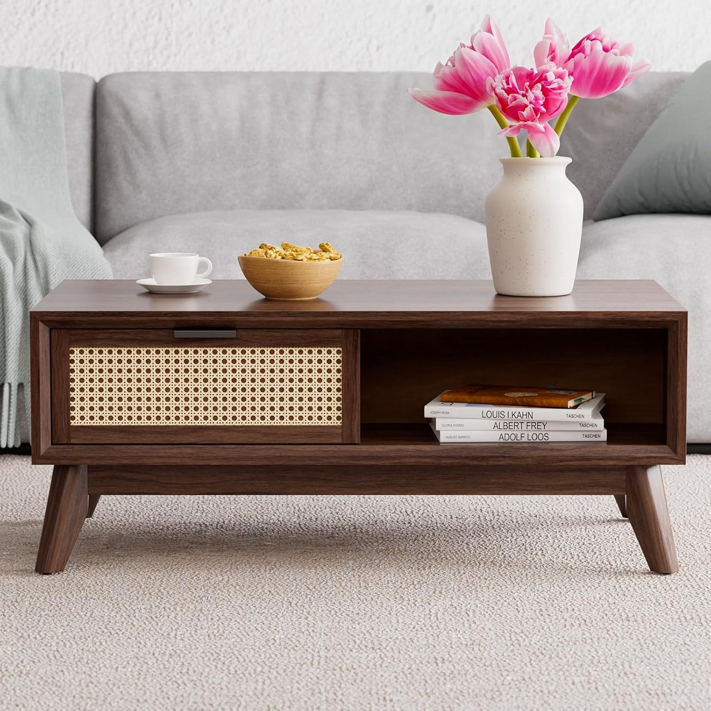 Bme Modern Solid Wood Coffee Table with Storage, Accent Rattan Design, Perfect for Living Room, Walnut, Medium