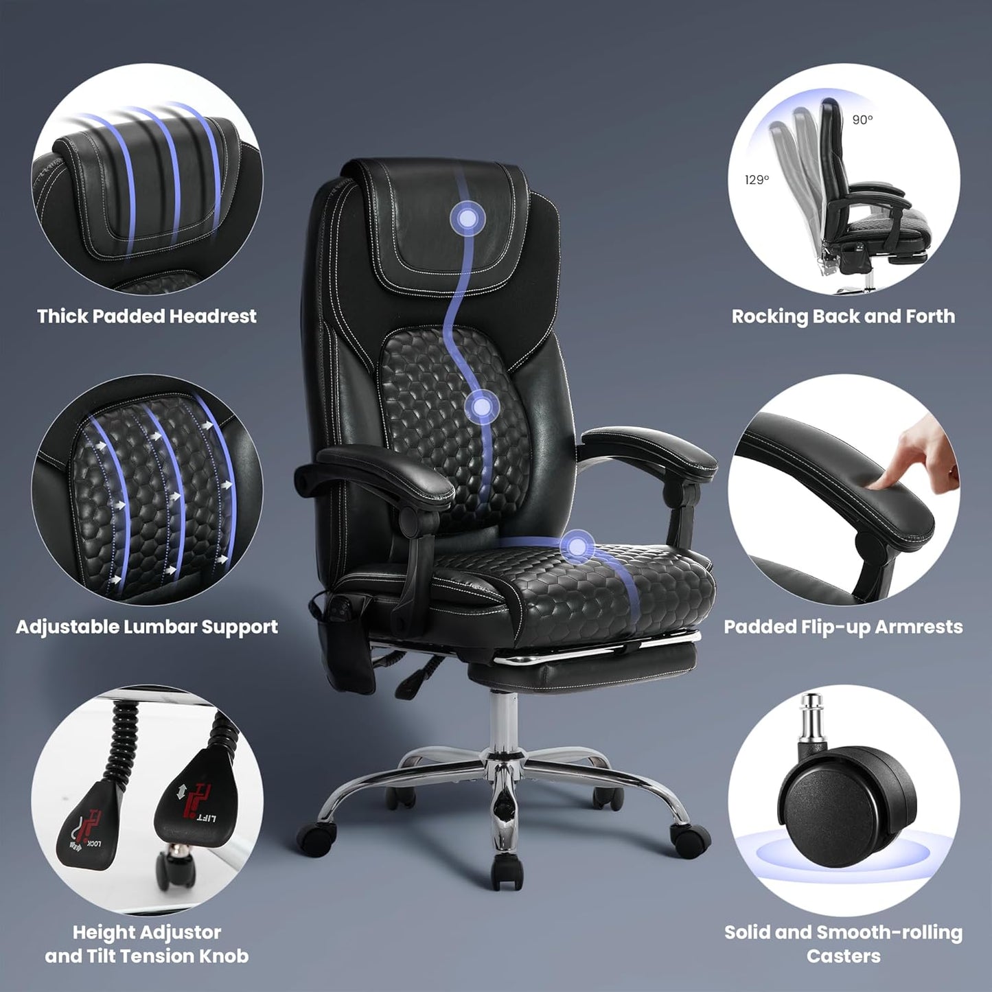 Massage Office Chair with Heat and Footrest –Reclining Desk Chair, Big and Tall Leather Computer Chair with Wheels, PU Executive Office Chair for Home, Gaming, Study, 300 lbs,Black