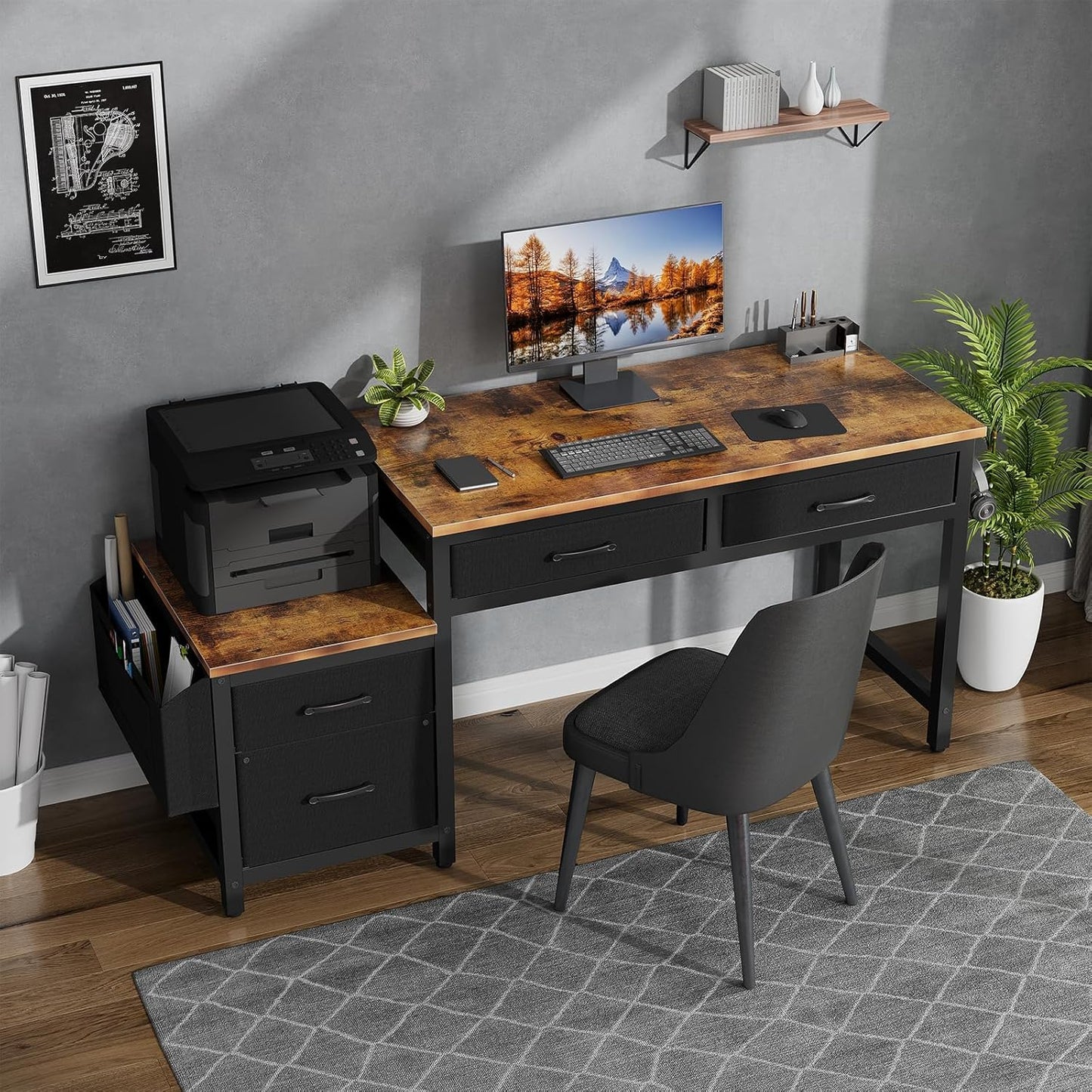 Lufeiya Computer Desk with Fabric File Drawers Cabinet, 57 Inch Home Office Desks with Filing Cabinet Printer Stand for Small Space, Study Writing Table PC Gaming Desks for Bedroom, Brown Black