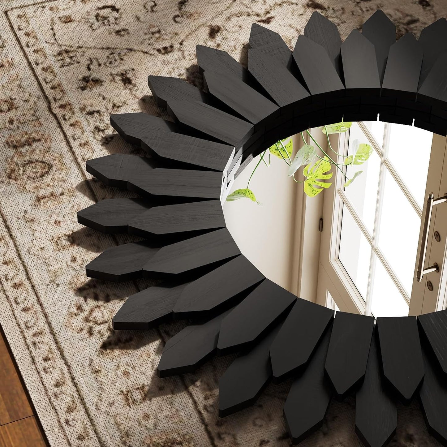 20 Inch Black Boho Wall Decor Sunburst Mirror - Round Wooden Wall Decor, Handmade Rustic Circular Mirror for Living Room, Bedroom, Entryway, Office