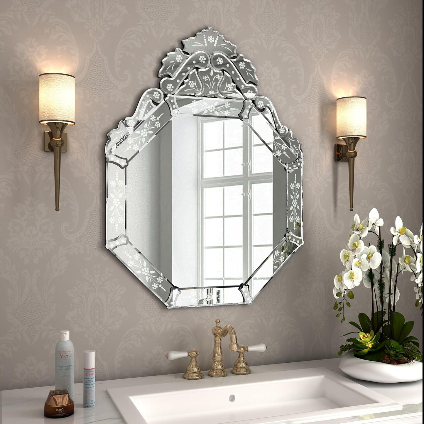 KOHROS Venetian Mirror with Top Crown Arch Floral Etched 32 x 24 Inch Octagonal Bathroom Mirror for Over Sink Frameless Beveled Edge Wall Mirror for Bathroom Vanity Entryway Bedroom