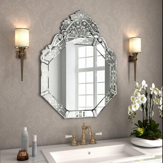 KOHROS Venetian Mirror with Top Crown Arch Floral Etched 32 x 24 Inch Octagonal Bathroom Mirror for Over Sink Frameless Beveled Edge Wall Mirror for Bathroom Vanity Entryway Bedroom