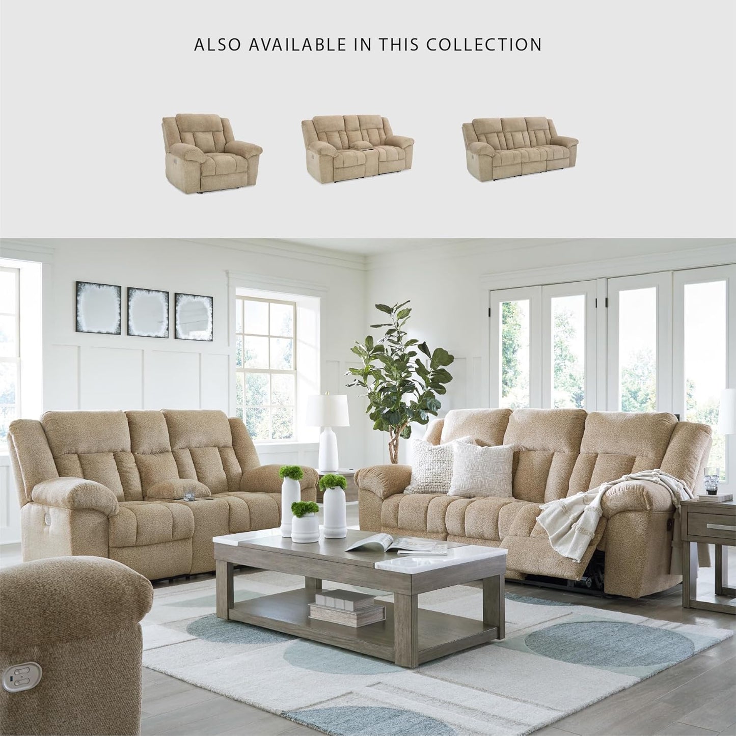 Signature Design by Ashley Tip-Off Classic Wall Hugger Power Reclining Sofa with Adjustable Headrest and USB Ports, Light Brown