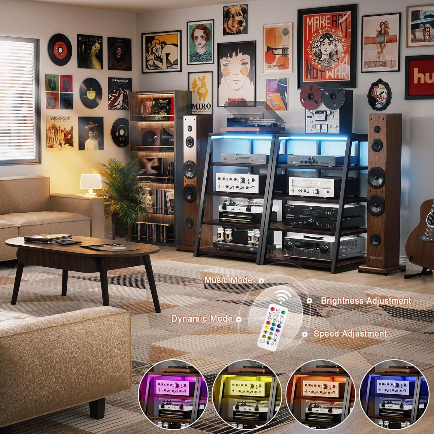 armocity 5-Tier AV Media Stand with Power Strips, Media Console with LED Lights, Audio Tower Rack with Adjustable Shelves, Stereo Stands and Racks, 40.8'', Black Walnut