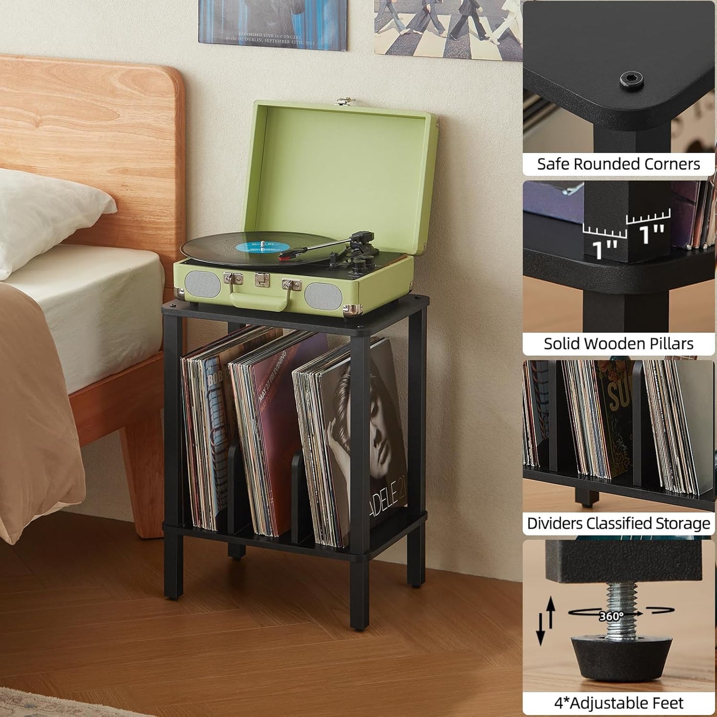 LELELINKY 2-Tier Bamboo Record Player Stand Set of 2 with Vinyl Record Storage up to 100 Albums, Boho Bedroom Record Holder and Multi-Functional End Table for Living Room, Black