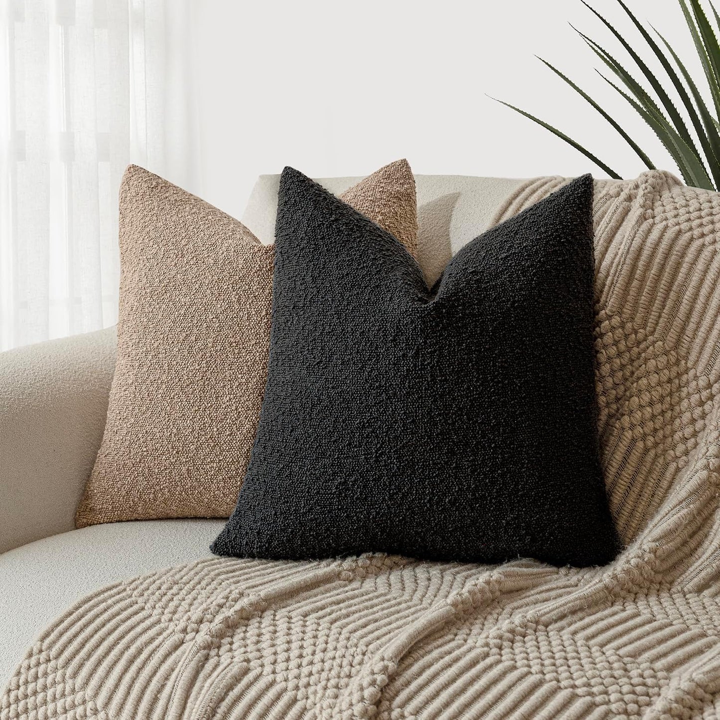 Foindtower Pack of 2, Decorative Textured Boucle Throw Pillow Covers Accent Solid Pillow Cases Neutral Soft Cozy Couch Cushion Case for Chair Sofa Bedroom Living Room Home Decor 26 x 26 Inch Black