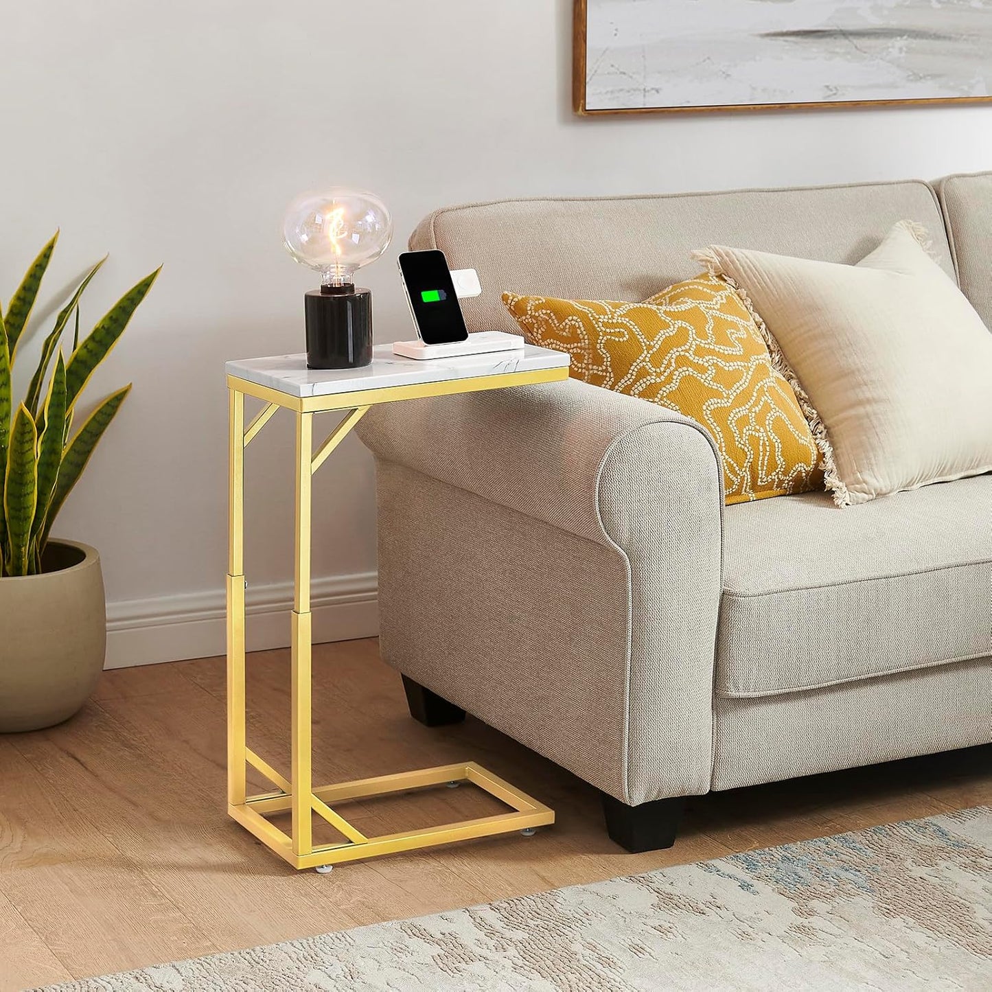 C-Shaped End Table, Small Sofa Table with Metal Frame, Adjustable Height Side Table for Couch, Living Room, Bedroom, Bedside (Gold, Large)