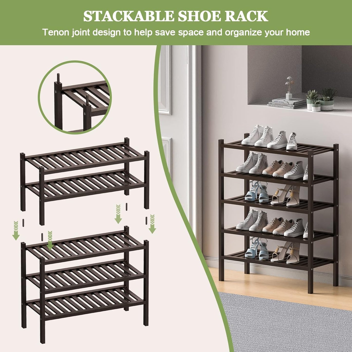 2 Tier (Thick) Bamboo Shoe Rack for Closet Free Standing Wood Shoe Shelf for Entryway Small Space Stackable 27"x12"x14" (Black Brown)
