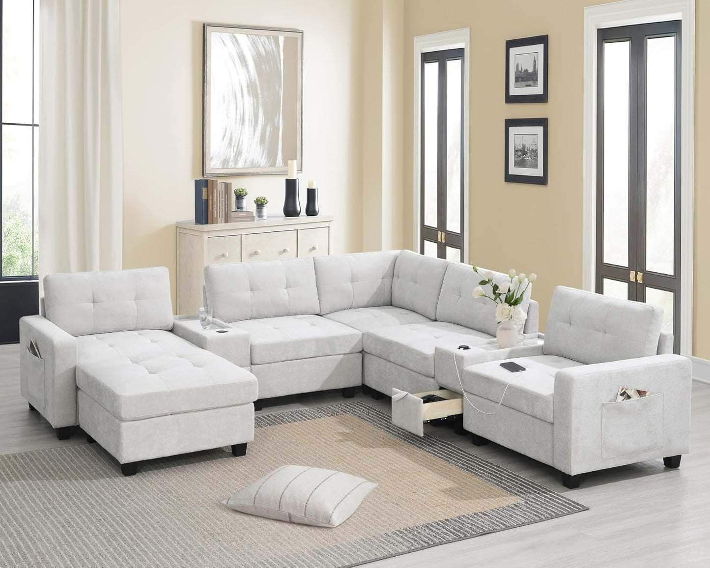 Merax 104 * 104" Chenille Sectional Couches with 2 Acrylic Consoles, Upholstered Modular Tufted Sofa Chaise with Ottoman, Storage Drawers, Pockets, USB Charger & Cup Holders for Living Room Apartment