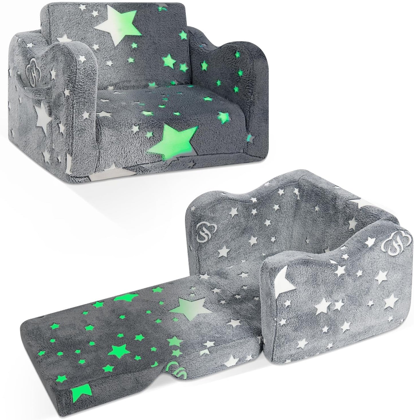Kids Couch for Toddlers, 2-in-1 Kids Sofa Toddler Couch Chair Glow in The Dark, Comfy Soft Foldable Kid Chair for Girls and Boys