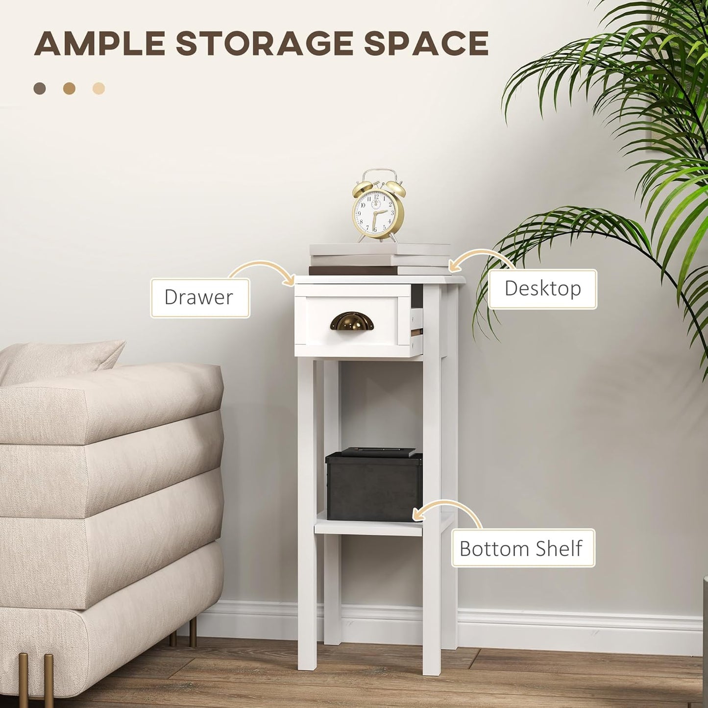 HOMCOM 2-Tier Side Table with Drawer, Narrow End Table with Bottom Shelf, for Living Room, Set of 2, White