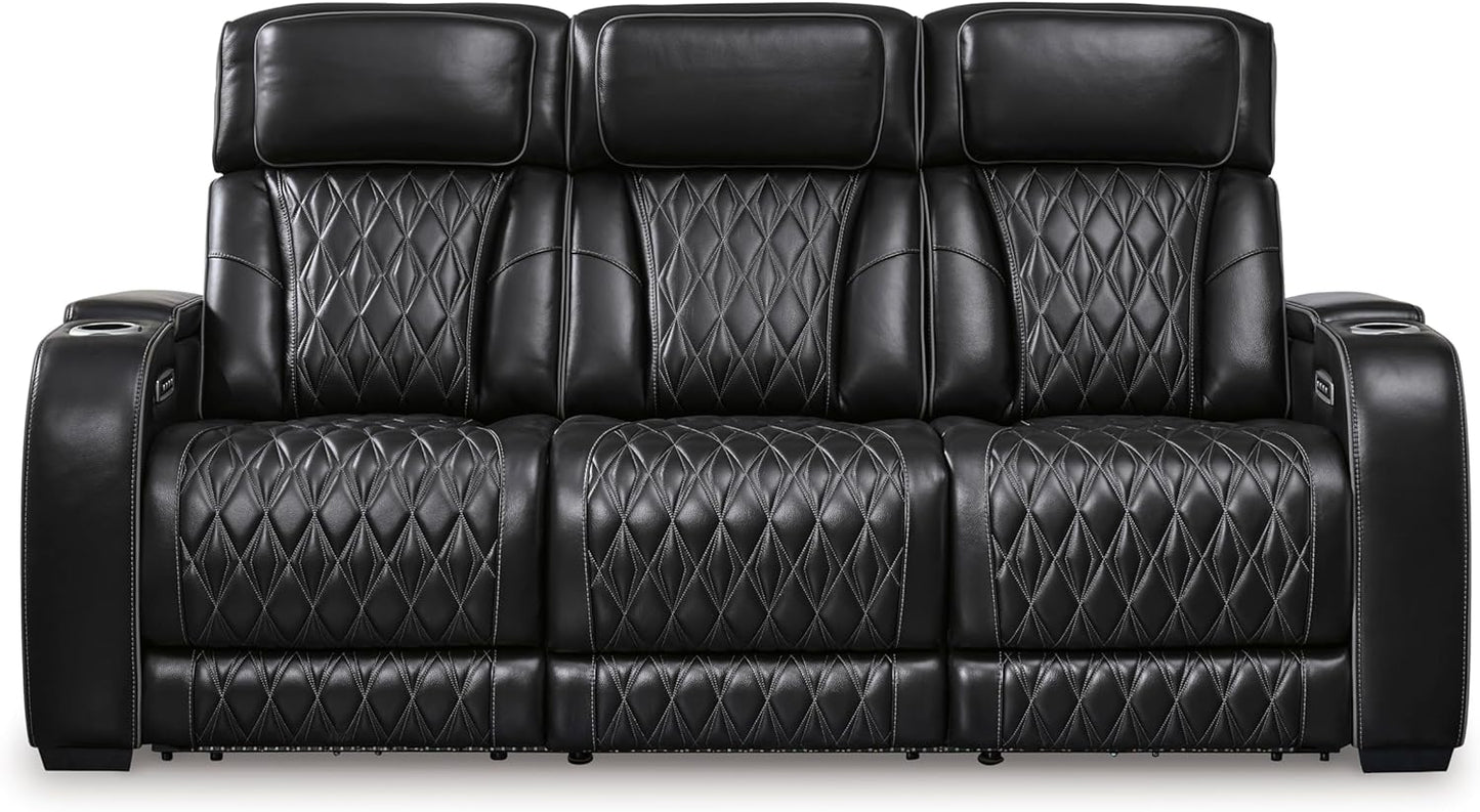 Signature Design by Ashley Boyington Contemporary Leather Match Power Reclining Sofa with Adjustable Headrest, Cup Holder, USB Charging Ports, Air Massage System and LED Lighting, Black