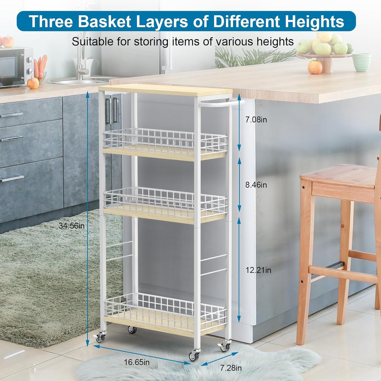 YBING Slim Storage Cart 4-Tier Rolling Kitchen Utility Cart White Narrow Laundry Storage Cart on Wheels and Wood Table Top Mobile Shelving Unit Organizer Trolley for Bathroom Small Space 7.3" W