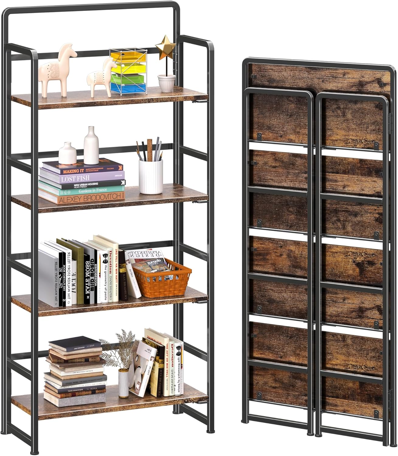 4NM No Assembly Folding Bookshelf, 4-Shelf 54" H Collapsible Foldable Bookcase Storage for Small Spaces, Rustic Brown and Black