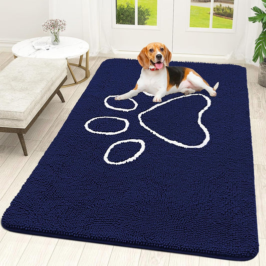 OLANLY Door Mat for Muddy Dog Paws 70x46, Ultra Absorbent Chenille Mud Doormat with Paw Print Design, Non-Slip Washable Doormat for Indoor Entryway, Quick-Dry Pet Bed Mats for Dirty Dogs, Navy Blue