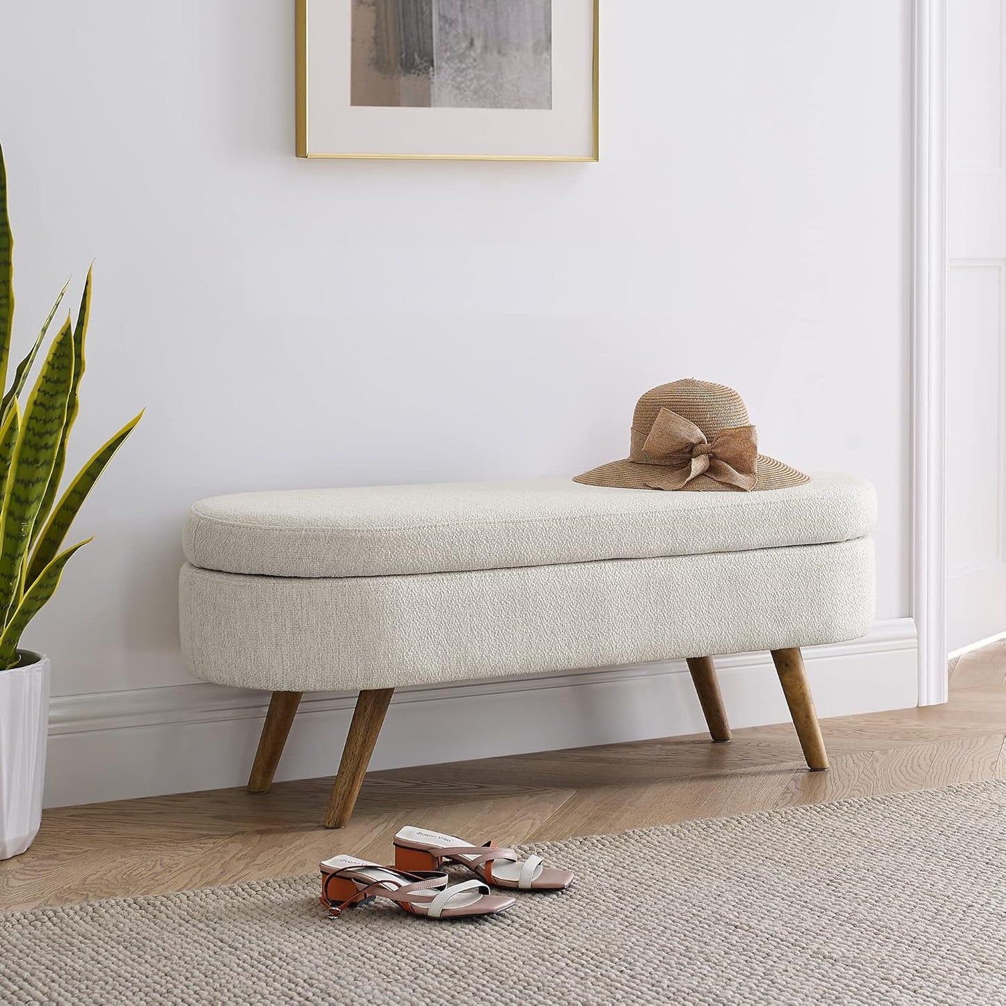 Ottoman Oval Storage Bench with Rubber Wood Legs,Linen Fabric Storage Footstool,for Bedroom, Entryway, Living Room, Beige(43.5"x16"x16")