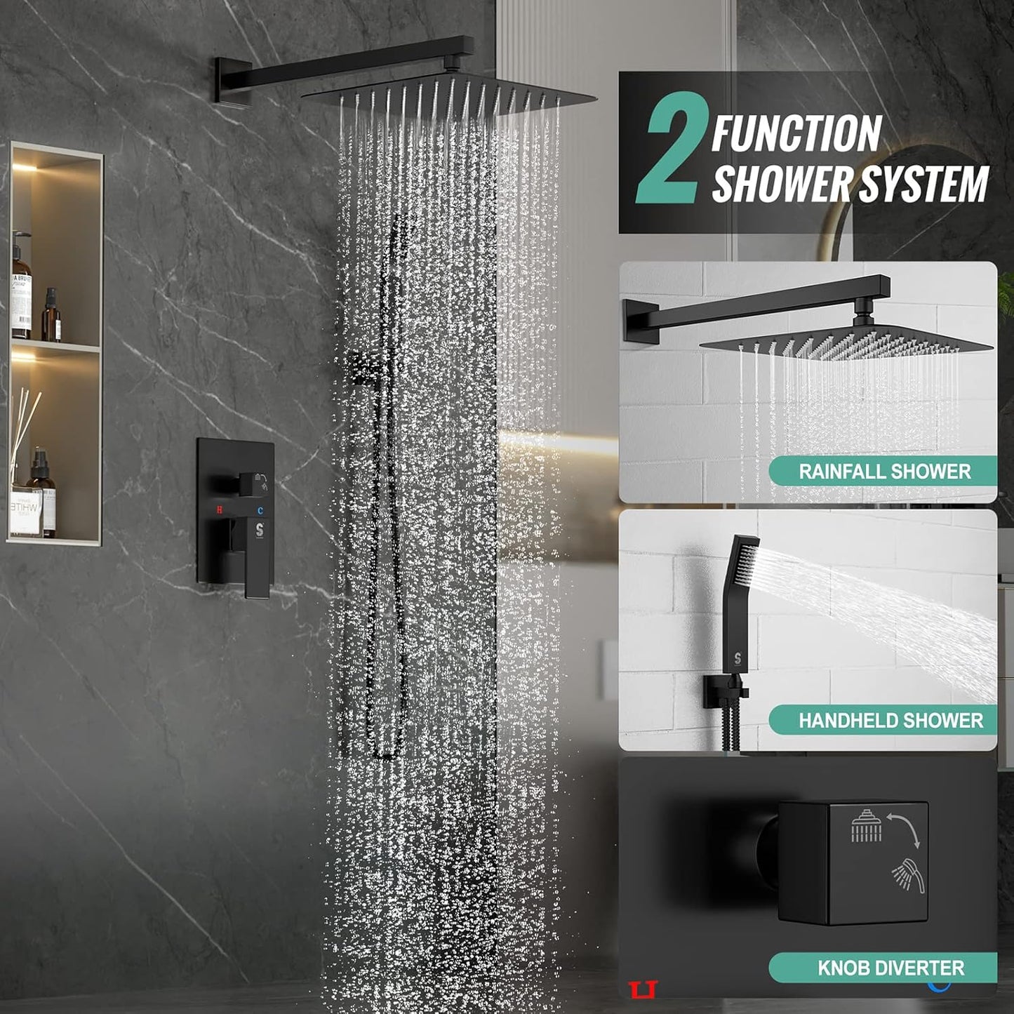 SR SUN RISE Black Square Rainfall Shower Head and Handle Set, Wall Mounted Shower Fixtures, Metal Shower Faucet Trim Repair Kits (With Shower Valve)